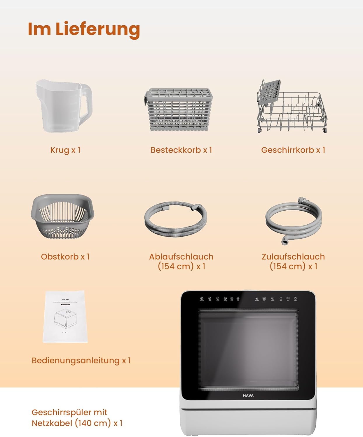 HAVA mini lave vaisselle, nouveau modèle amélioré 2024, 8 programmes de lavage, lave-vaisselle portable avec sécurité enfant et fonction de démarrage différé, réservoir d'eau de 5 L