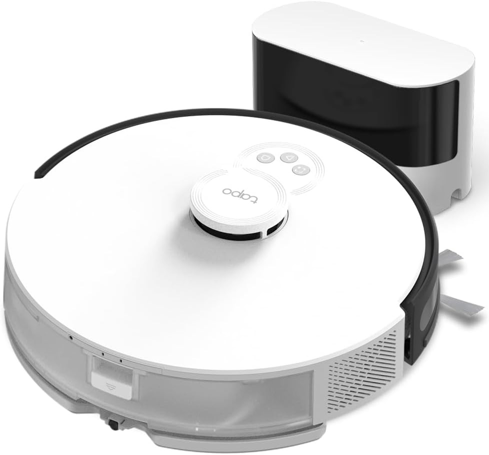 Tapo Aspirateur Robot Laveur 2 en 1 RV20Max Plus, Vidage Automatique, Silencieux Ultra Fin, Ultra puissante de 5300Pa, Navigation LiDAR, Auto-Charge Autonomie 180min, Tapis et Poils d'animaux