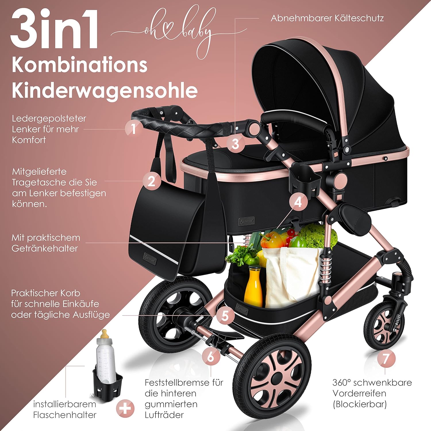 KESSER® Poussette combinée 3en1 Set incl. baignoire bébé poussette Siège sport & siège auto pour bébé Pneus pleins en caoutchouc Sac à langer Protection pluie Table pour enfant ECE R129 noir/champagne