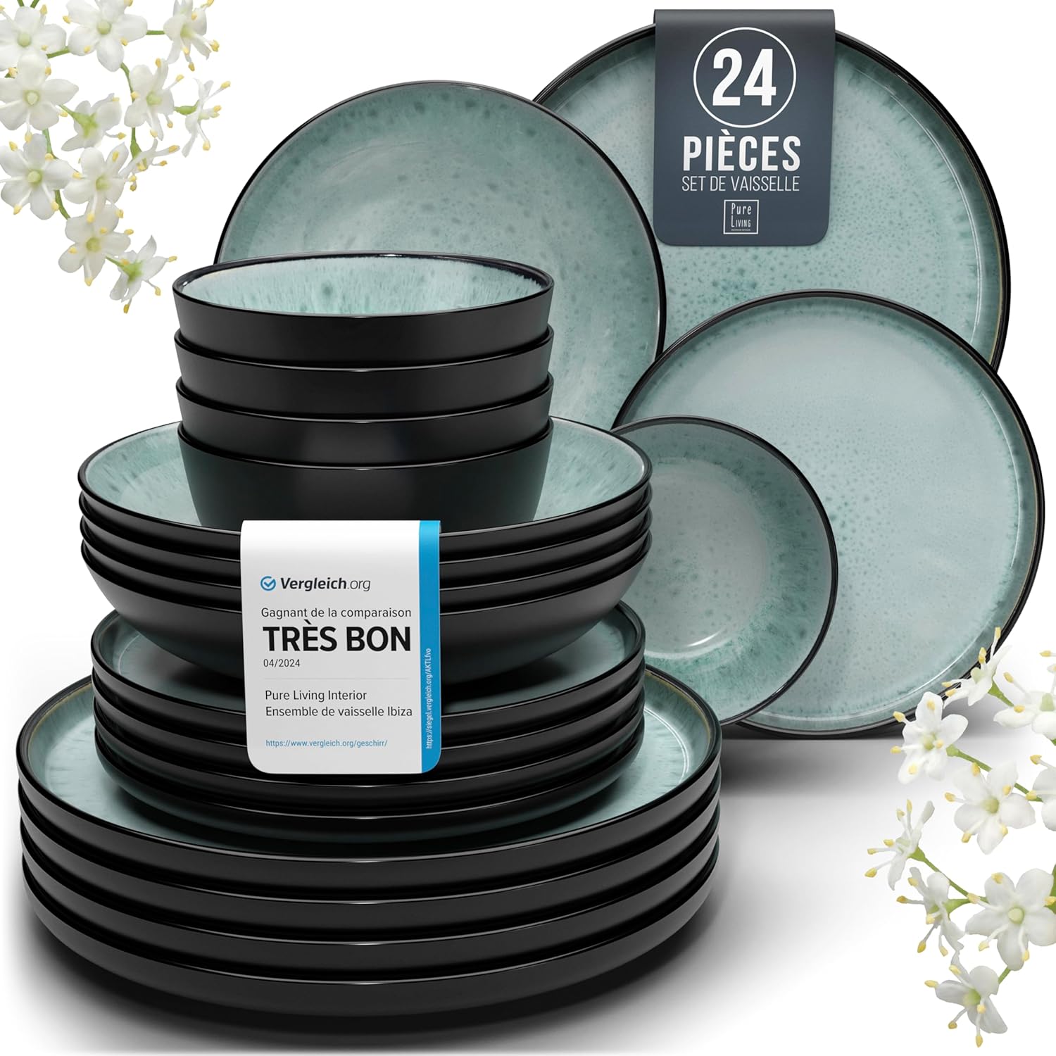 Service de Vaisselle en Grès Ibiza 36 pièces –Ensemble de Vaisselle pour 12 Personnes, Adapté au Lave-Vaisselle et au Micro-Ondes, Pure Living bleu fumé, Assiettes Service de Table