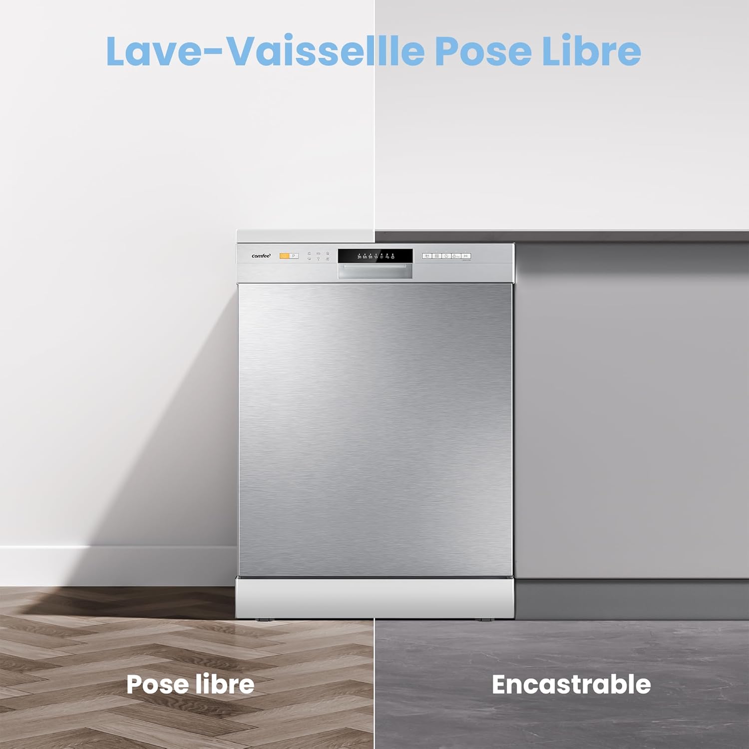 COMFEE' CDWPF1201PS Lave-vaisselle Pose Libre, 60 cm, 12 couverts, départ différé, fonction demi-charge, paniers flexibles - Acier Inoxydable, 49 dB, Commande Bouton