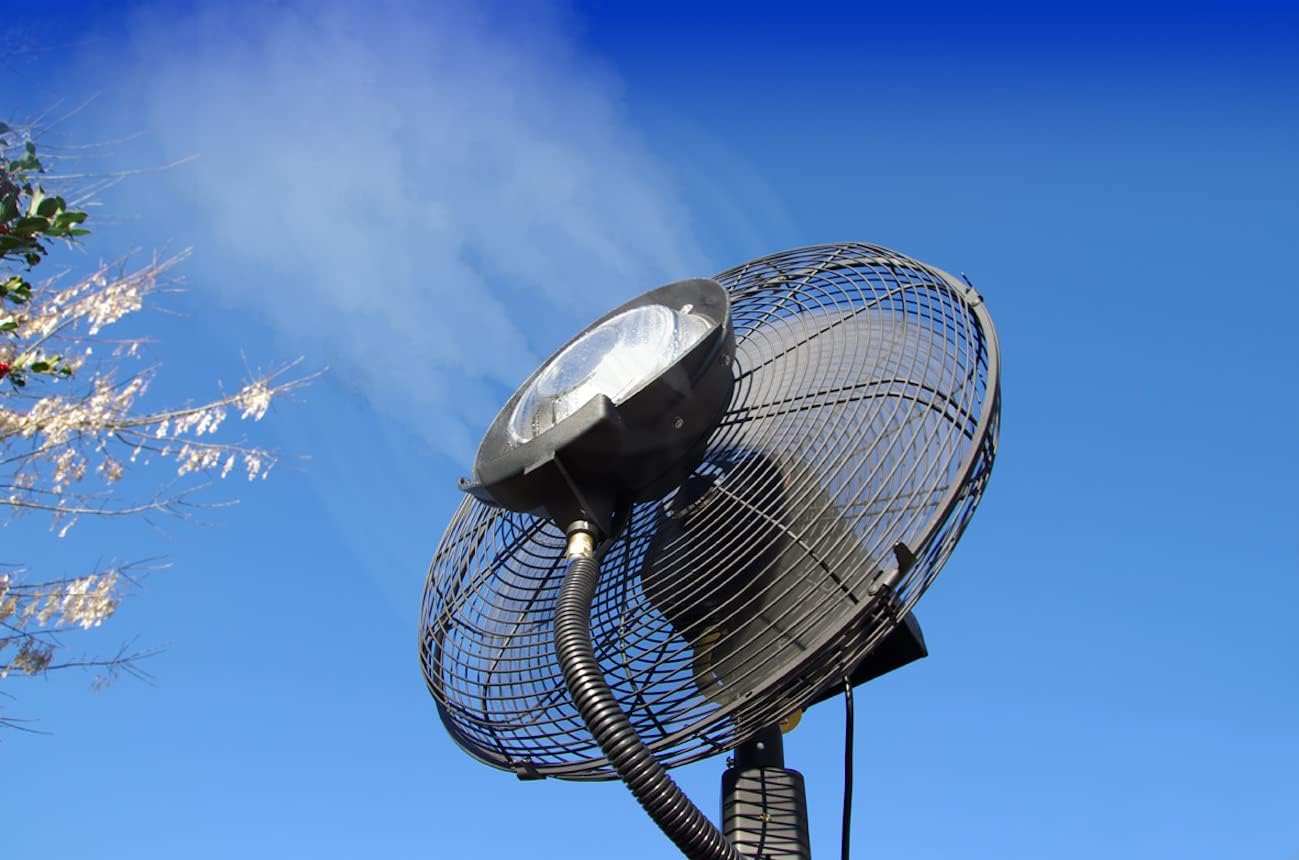 O'FRESH Ventilateur Brumisateur Terrasse Haute Performance pour Extérieur - Ventilateur sur Pied 180 cm + Système de Brumisation - Repousse les moustiques et nuisible volants - Capacité : 80 m²