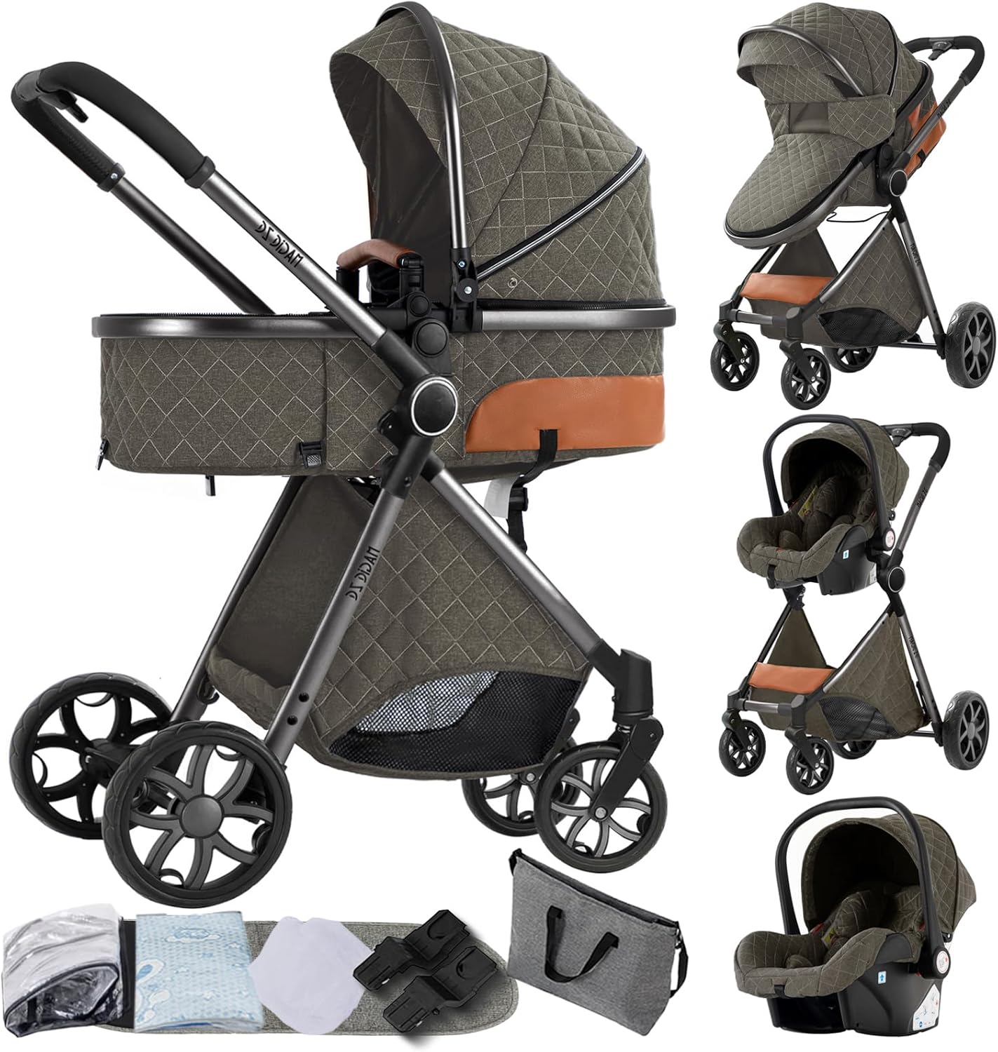 Magic ZC Poussette 3 en 1, Poussette Bebe avec Conception Portable Pliable en Un Clic, Pousette 3 en 1 avec Poussée Réversible Bidirectionnelle, Poussette Trio avec Accessoires (black gold 588)