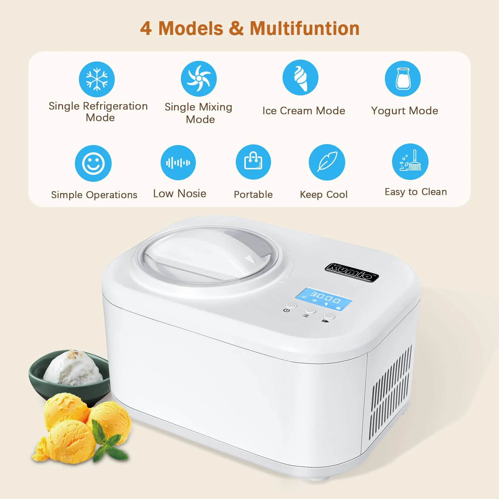 KUMIO 1.2-Quart Automatic Ice Cream Maker with Compressor