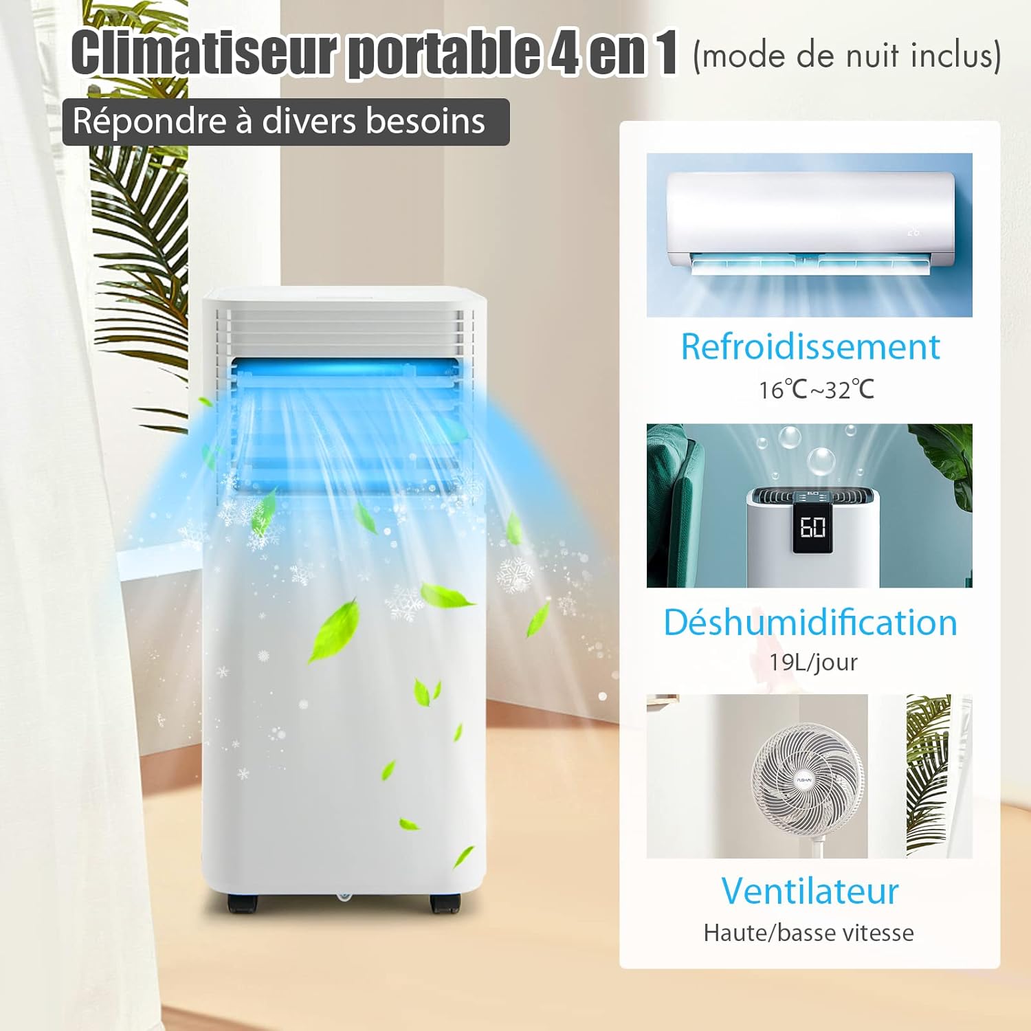 RELAX4LIFE Climatiseur Mobile Silencieux 9000BTU, Climatiseur Portable 4 en 1, Refroidisseur d'Air, Ventilateur, Déshumidificateur, Mode Nuit, 15-20㎡, Télécommande, Minuterie 24H, Classe Energie A