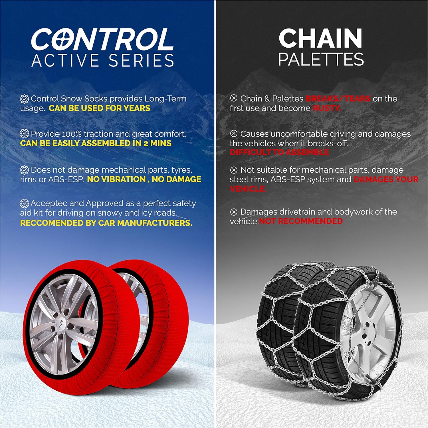 Chaussettes à Neige Textile Homologué EN 16662-1 - DEUX Chaussette Neige Pour Auto. Snow Sock Taille L Pour R14-R20 (Les Misures Pour les Pneus Sont Détaillèes à L'intérieur) (Control, L)