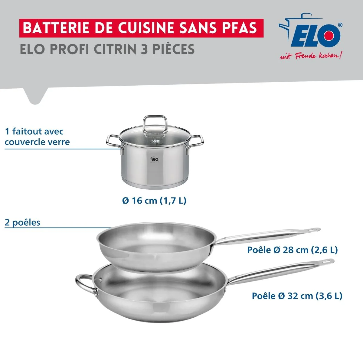 Ensemble de 2 Poêles de cuisson 28 et 32 cm et 1 faitout 16 cm Elo Profi Citrin Elo