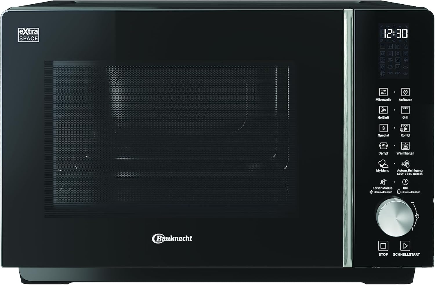 Bauknecht MF 255 B - Micro-ondes extra espace - Sans plateau tournant - My Menu - Programmes spéciaux - Cuisson à vapeur avec récipient de cuisson à la vapeur - Air chaud - Barbecue à quartz -