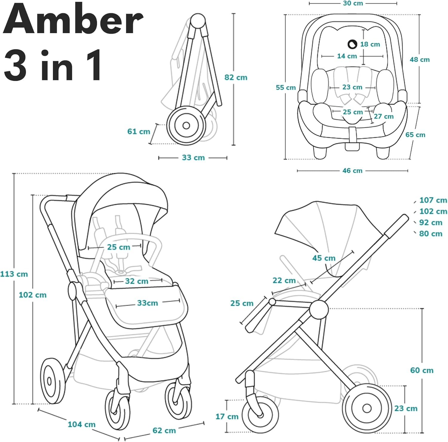 LIONELO Amber 3 in 1 poussette multifonctionnellle, landau, ensemble poussette avec siège sport et nacelle fixe, sac, moustiquaire, couvrir, feuille de pluie mit siege auto