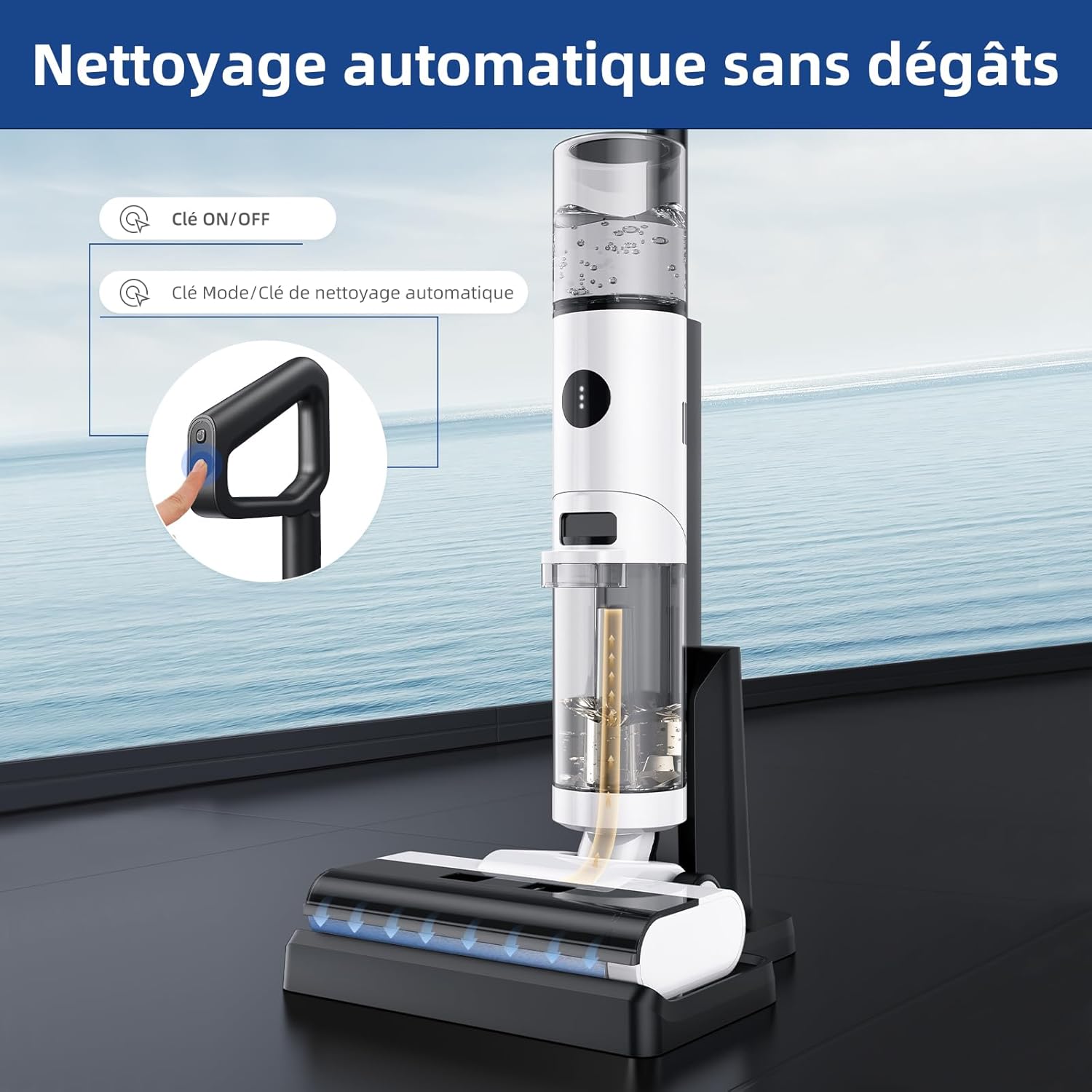 JONR ED12 Aspirateur Eau et Poussière, Aspirateur et Balai à Franges sans Fil 4 en 1, Brosse Rouleau de Nettoyage des Bords, Fonction d’Auto-Nettoyage, pour Sols Durs, Poils d'animaux