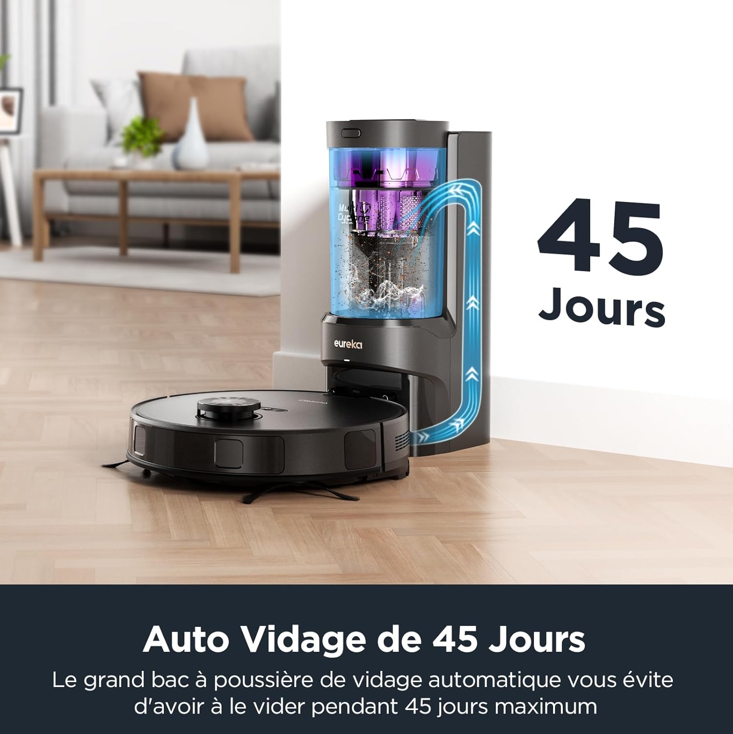 Eureka E20 Plus Aspirateur Robot de 8000 Pa avec Station de Vidange Automatique sans Sac, Robot Aspirateur Laveur Anti Enchevêtrement, Évitement d'Obstacles 3D, Autonomie de 180 Minutes, DuoDetect AI
