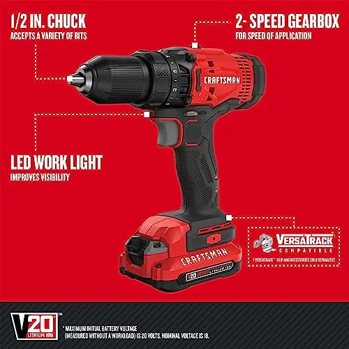 CRAFTSMAN V20 MAX Cordless Drill and Impact Driver, Power Tool Combo Kit with 2 Batteries and Charger (CMCK200C2AM)