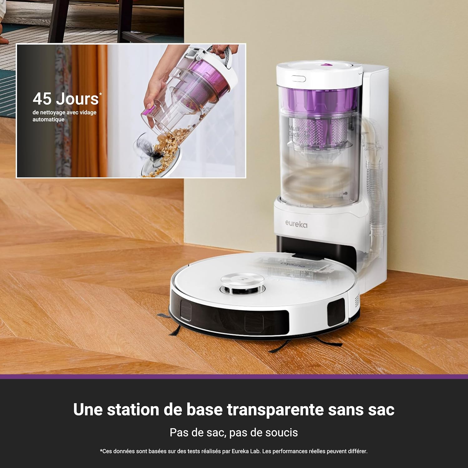 Eureka E20 Plus Aspirateur Robot de 8000 Pa avec Station de Vidange Automatique sans Sac, Robot Aspirateur Laveur Anti Enchevêtrement, Évitement d'Obstacles 3D, Autonomie de 180 Minutes, DuoDetect AI