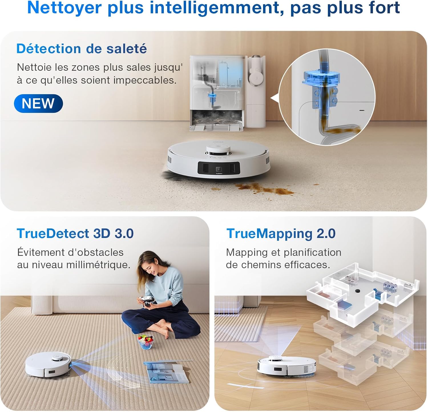 ECOVACS X8 PRO OMNI Robot Aspirateur Laveur avec Station Tout-En-Un, Puissance 18000Pa, Nettoyage Automatique Instantané OZMO ROLLER, Nettoyage à l'eau chaude 75℃, Ajout Solution Nettoyage Automatique