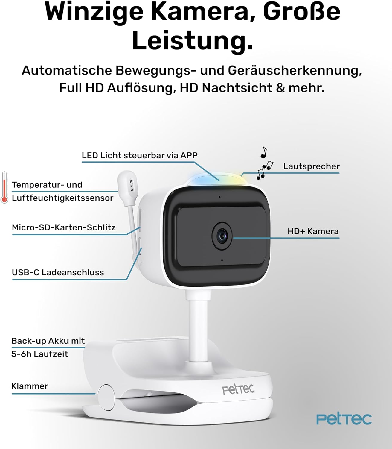 PetTec Cam Free Lot de 2 caméras sans fil pour animaux de compagnie avec application [sans piège à abonnement] – Caméra pour chats et chiens intérieur/extérieur – Détection de mouvement et fonction