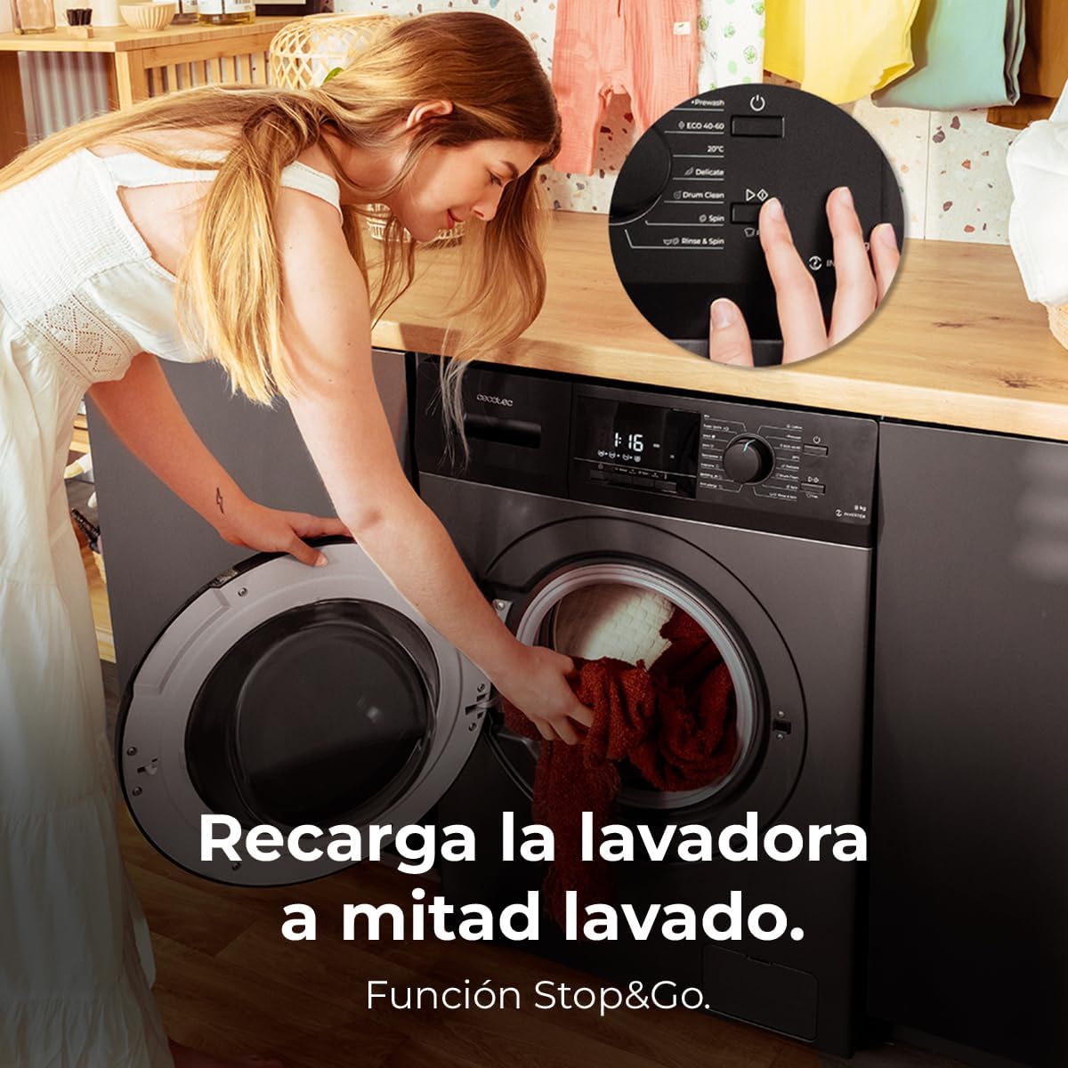 Cecotec Lavadora 8 Kg Carga Frontal Bolero Dresscode 8500 Inverter A. 1900 W, 1400 rpm, Motor Inverter Plus, Bajo Consumo, 16 Programas, SteamMax, Delay Start, Blanco