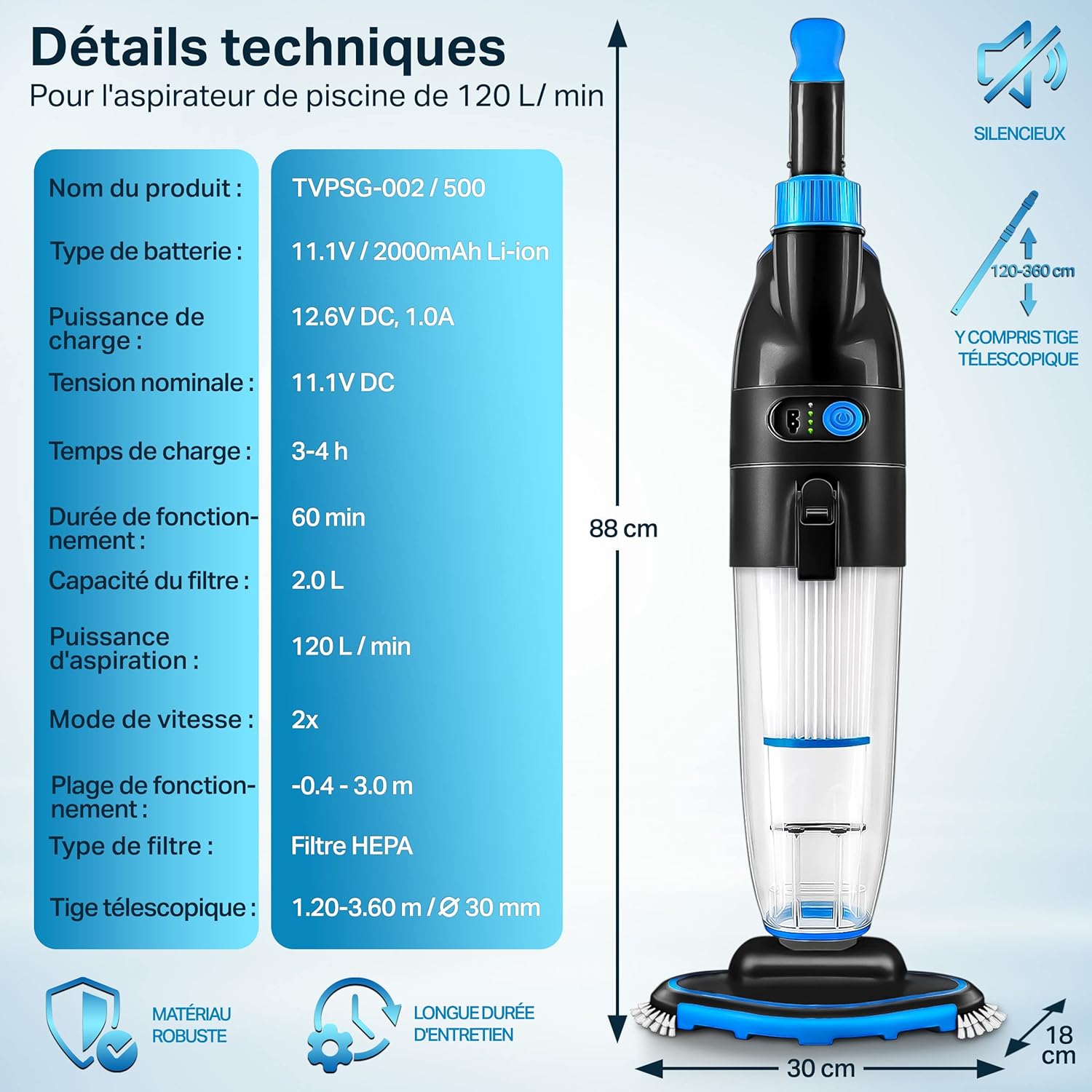 tillvex Aspirateur Électrique pour Piscines | Nettoyeur de Piscine sans Fil avec Manche Télescopique | Kit de Nettoyage avec Filtre & 2 Vitesses | Rechargeable