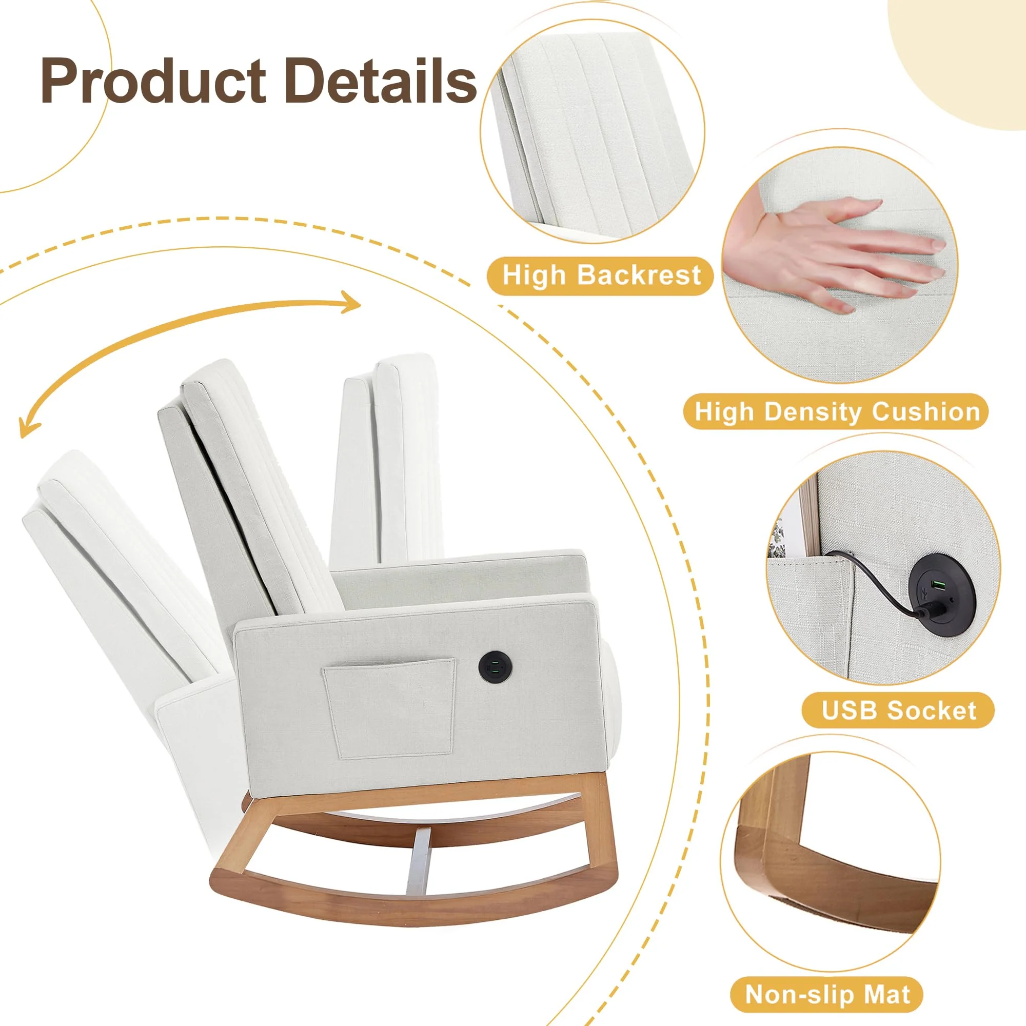 VECELO Rocking Chair Nursery Upholstered with Padded Seat