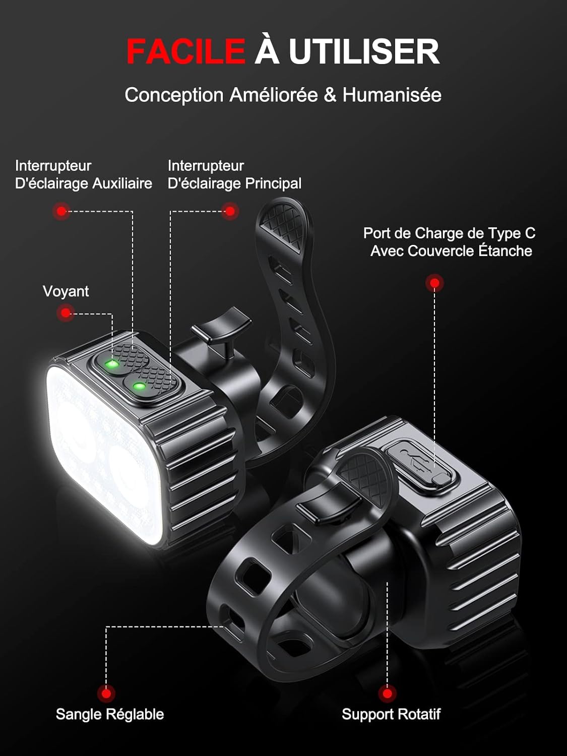 CIRYCASE Lumiere Velo Avant et Arriere, 8 + 12 Modes d'Éclairage Lampe Vélo LED Étanche IPX6, USB Rechargeable Eclairage Velo pour Cyclysme VTT, VTC, Bicyclette, Longue Durée de Vie de la Batterie
