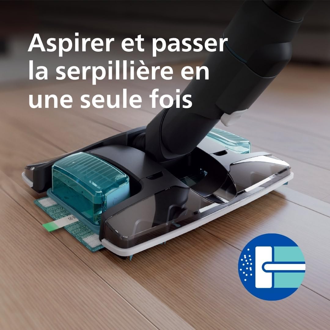 Philips Aspirateur sans fil Aqua 7000 Series, Moteur digital, PowerCyclone 12, Eclairage LED, Module Aqua amovible, Autonomie de 80 min, Inclus 2 accessoires, Bleu (XC7053/01)