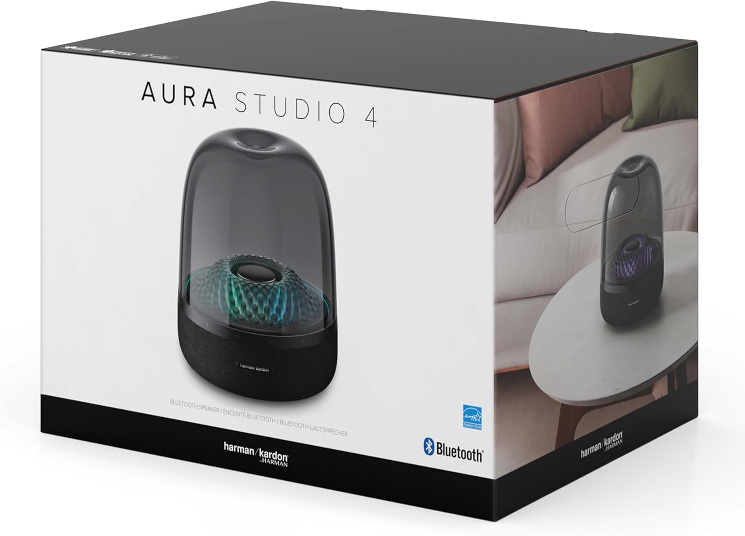 Harman Kardon Aura Studio 4, Enceinte Bluetooth avec dôme Transparent et Jeu de lumière à thème, Design élégant et Son Exceptionnel sur 360 degrés, en Noir