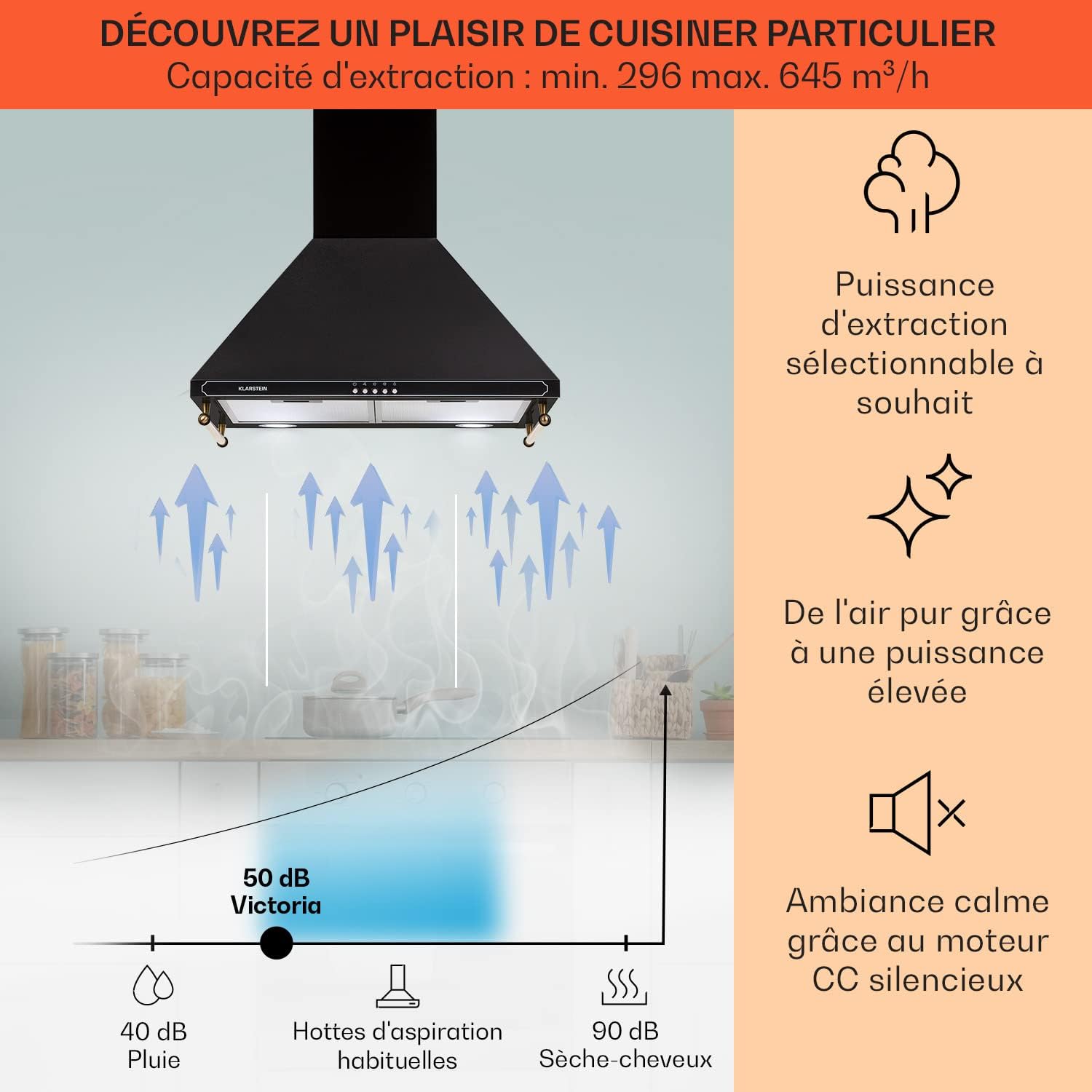 Klarstein Hotte Aspirante 90 cm, Hottes de Cuisine avec Filtre de Hotte en Aluminium, Débit d'Air Puissant de 645m³/h, Eclairage LED, Extracteur d'Air Silencieux, Hotte Efficace avec Evacuation