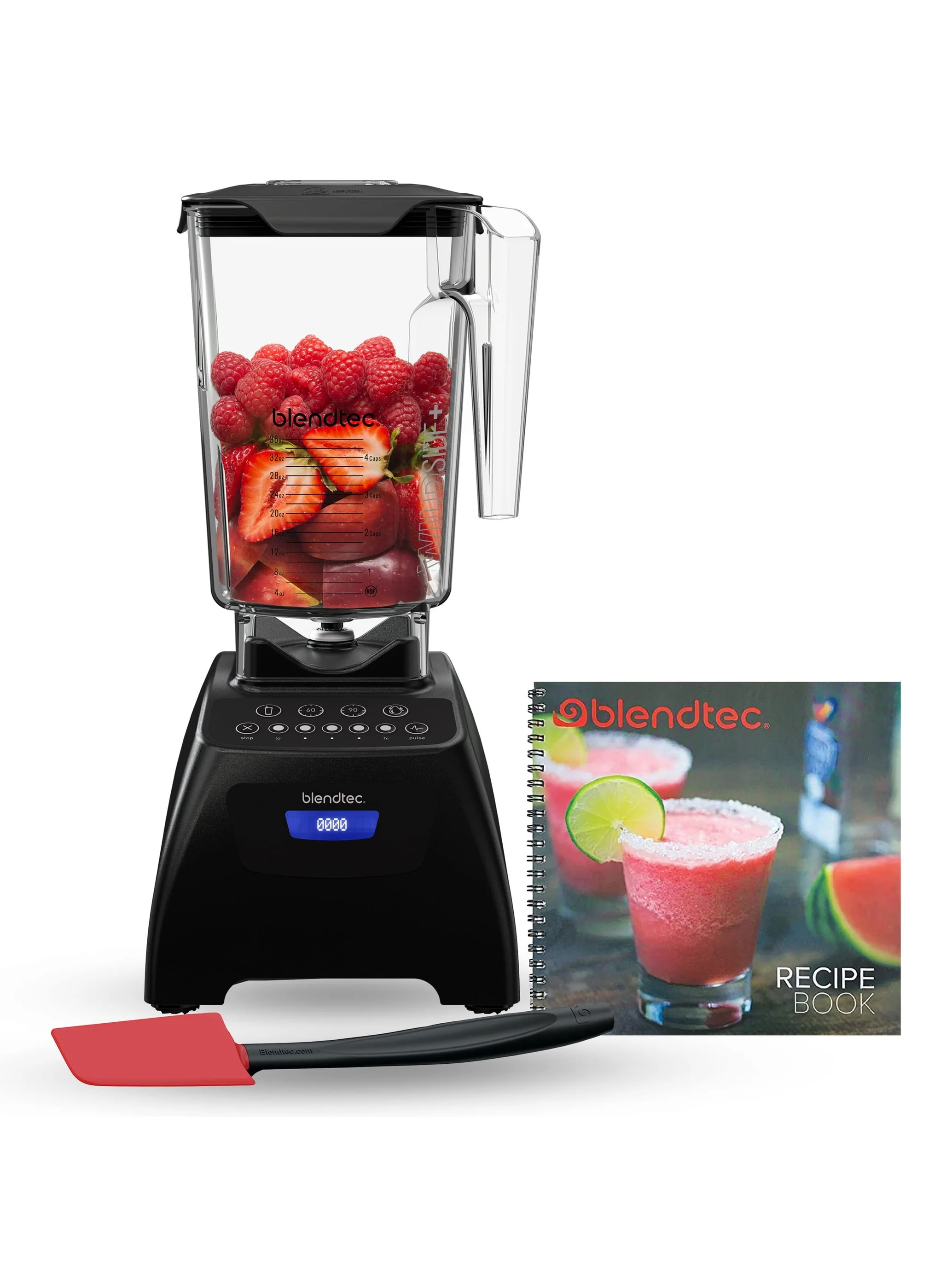 Blendtec Classic 575 Blender, 90 oz WildSide+ Jar, Spoonula Spatula, and Recipe Book Bundle - Black