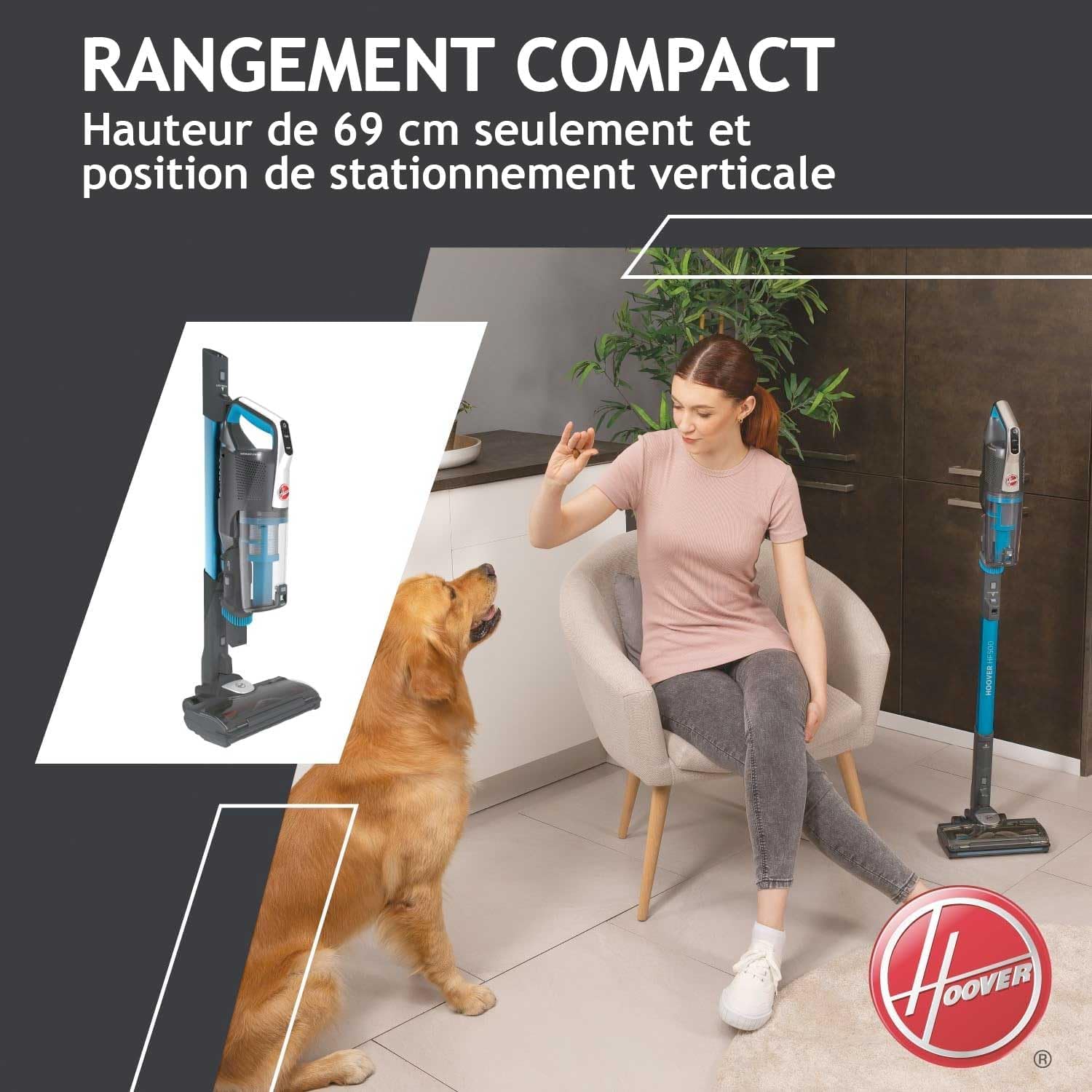 Hoover HF522STP Aspirateur Balai sans Fil Puissant, Grande Autonomie, Rangement Compact, Electrobrosse Anti-emmêlement LED, Turbobrosse Spéciale Animaux, Charge Rapide,Position Park&Go, Bleu Skyfall