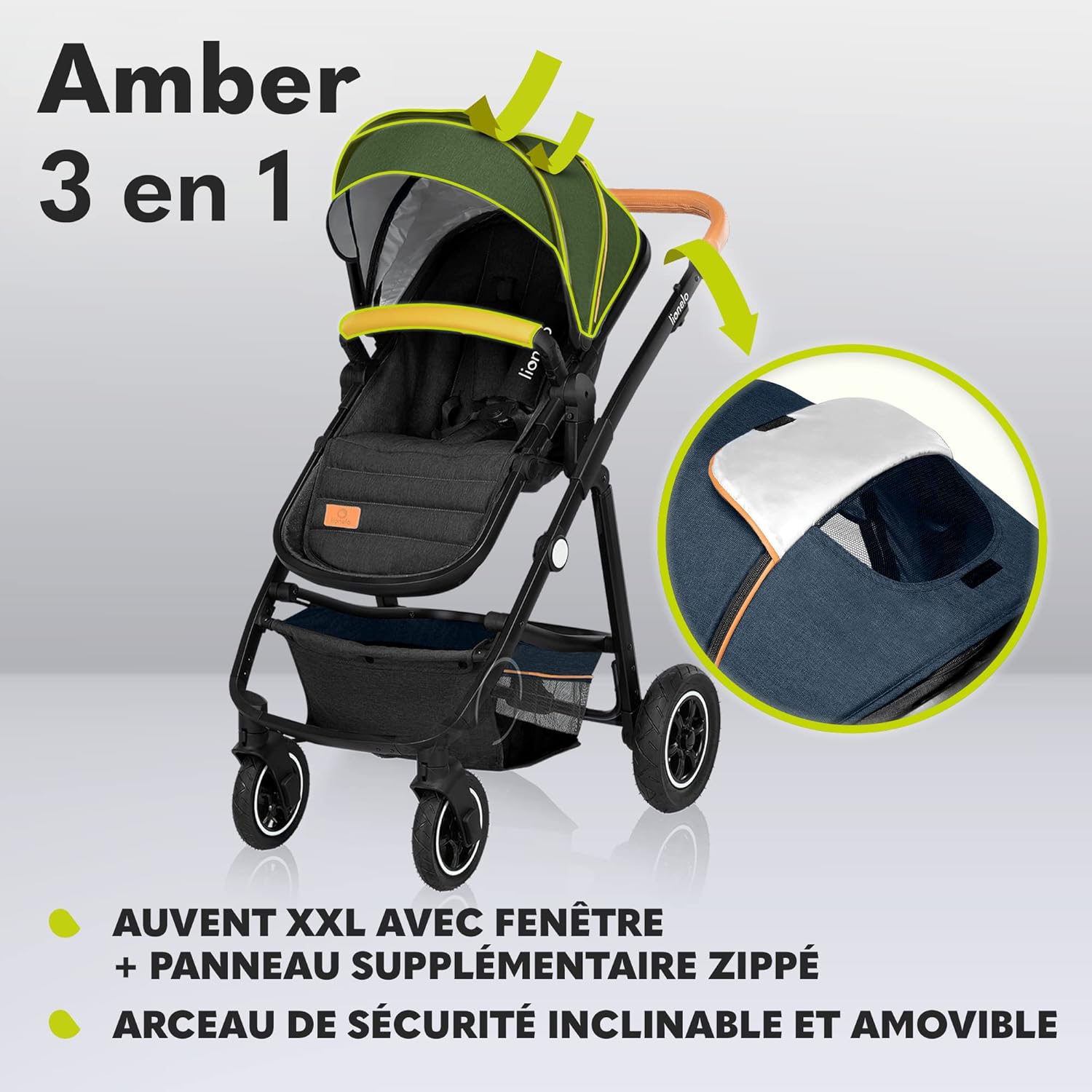 LIONELO Amber 3 in 1 poussette multifonctionnellle, landau, ensemble poussette avec siège sport et nacelle fixe, sac, moustiquaire, couvrir, feuille de pluie mit siege auto
