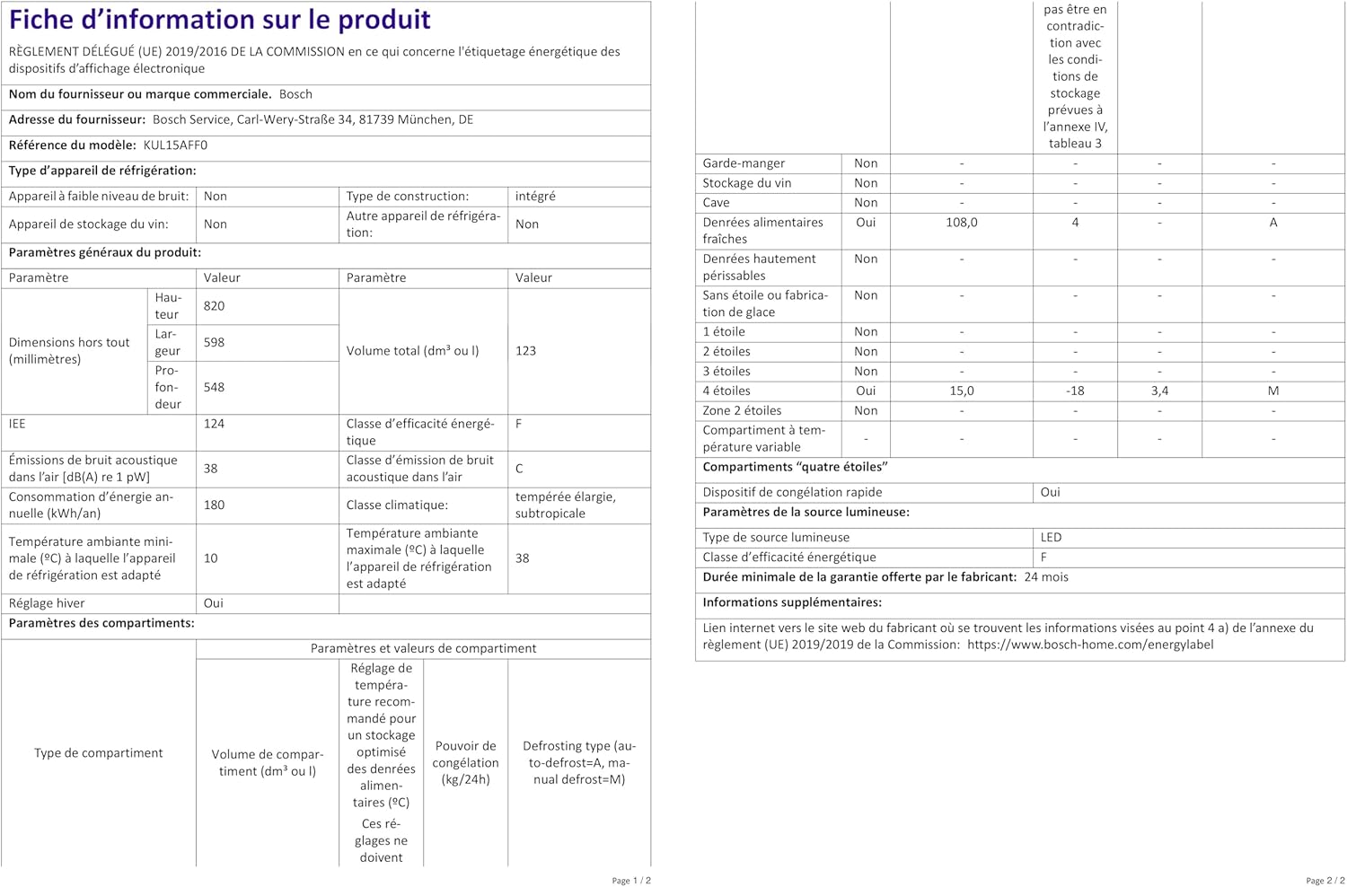 Bosch KIR81AFE0 Serie 6 Réfrigérateur encastrable, 177,5 x 56 cm, 319 L, charnière plate, fabriqué en Allemagne, VitaFresh plus 2 x fraîcheur plus longue, éclairage LED uniforme