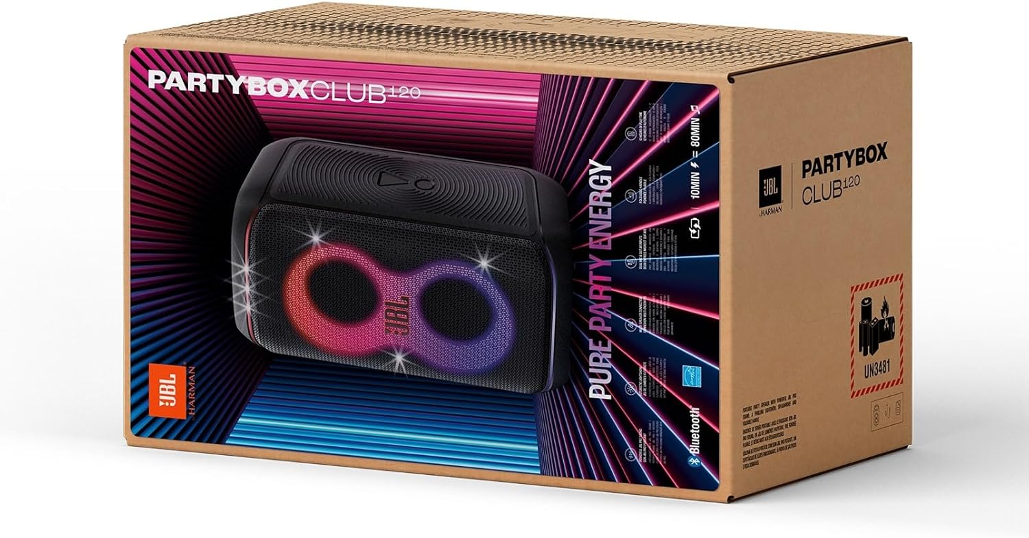 JBL PartyBox Club 120, Enceinte portable de soirée, poignée pliable ergonomique, jeu de lumières, 12 heures d'autonomie, résistante aux éclaboussures IPX4, noir, Prise européenne (Type C)