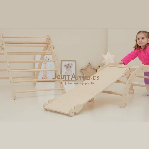 Aire de Jeux Montessori 3-en-1 : Triangle Pikler, Arche & Rampe d'escalade - Motricité & Eveil (8 mois - 6 ans)