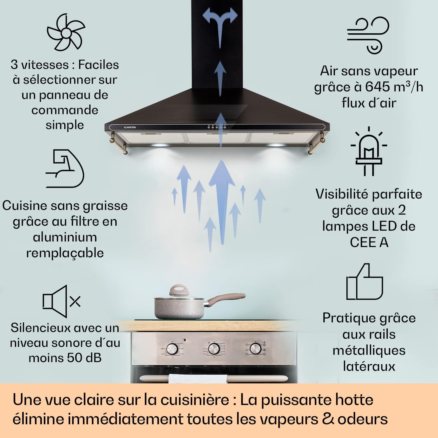 Klarstein Hotte Aspirante 90 cm, Hottes de Cuisine avec Filtre de Hotte en Aluminium, Débit d'Air Puissant de 645m³/h, Eclairage LED, Extracteur d'Air Silencieux, Hotte Efficace avec Evacuation