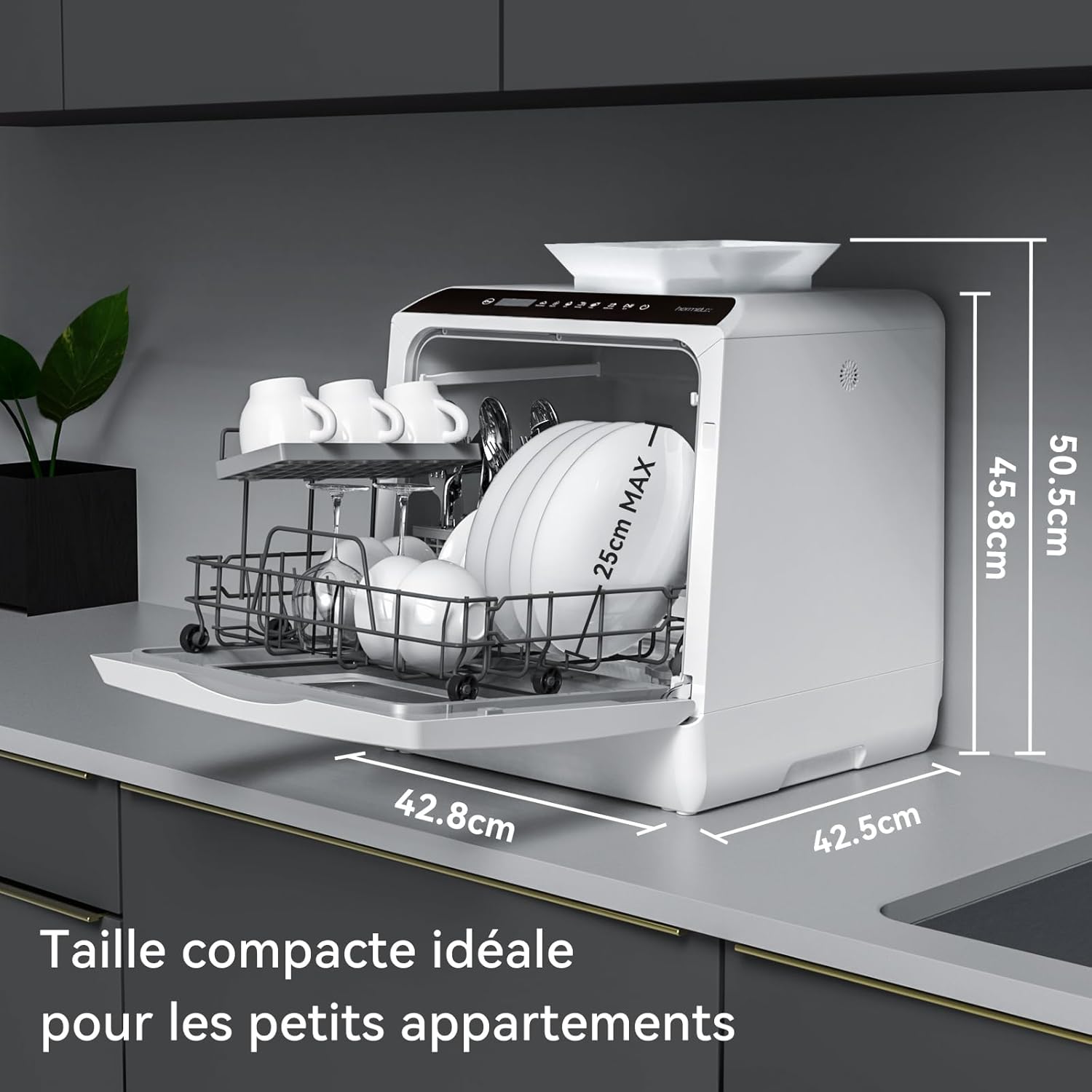 Hermitlux Mini-lave-vaisselle, lave-vaisselle de comptoir, utilisable avec robinet ou sans robinet, largeur de 43 cm, capable de contenir 4 sets, adapté au camping, 175 kWh/an, blanc