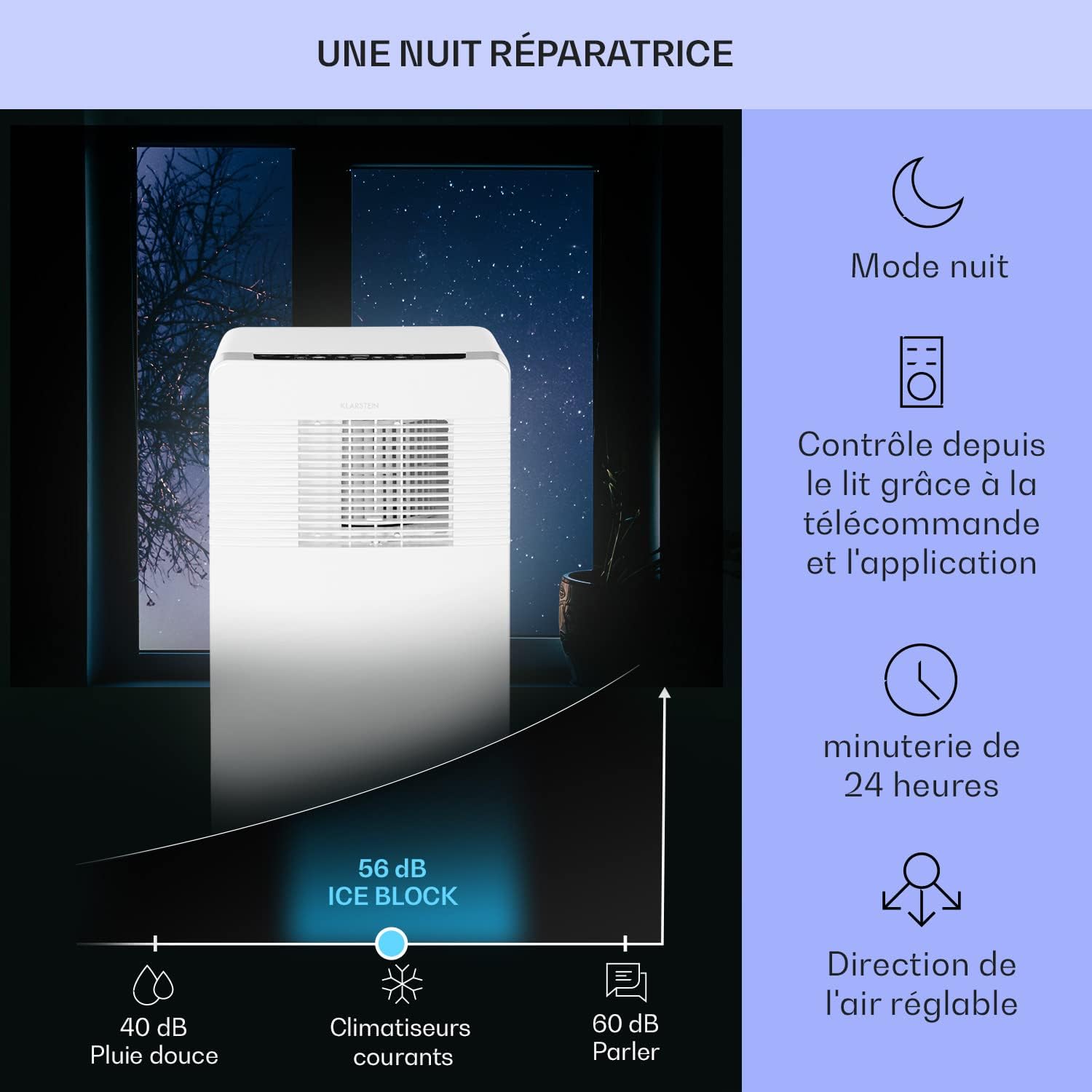 Klarstein Climatiseur Mobile Silencieux, Climatiseur 3 en 1, Mode Nuit, Déshumidificateur, Ventilateur, Mini Climatisation à Faible Conso, Evacuation, Clim Portable, Puissante, 12000 BTU, Climatiseurs
