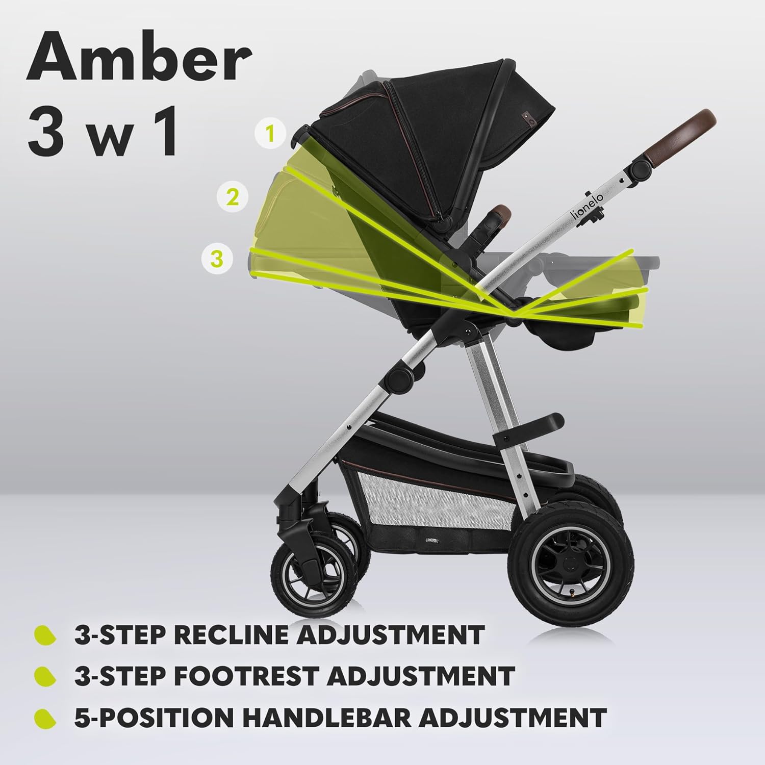 LIONELO Amber 3 in 1 poussette multifonctionnellle, landau, ensemble poussette avec siège sport et nacelle fixe, sac, moustiquaire, couvrir, feuille de pluie mit siege auto