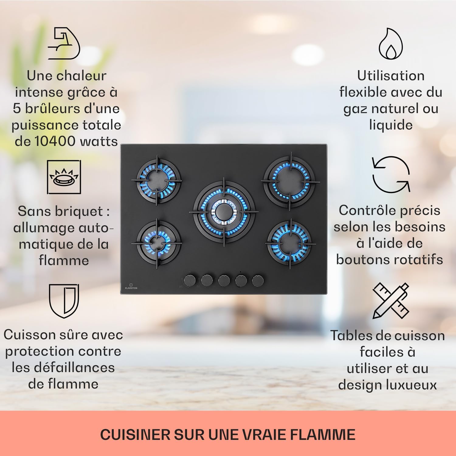 Klarstein Table de Cuisson à Gaz, Plaque de Cuisson Gaz à 4 Brûleurs, Table de Cuisson Electrique à 4 Feux de 8000W, Cuisiniere Gaz, Gaziniere Gaz avec Brûleurs en Acier Inoxydable, Cuisinières GPL