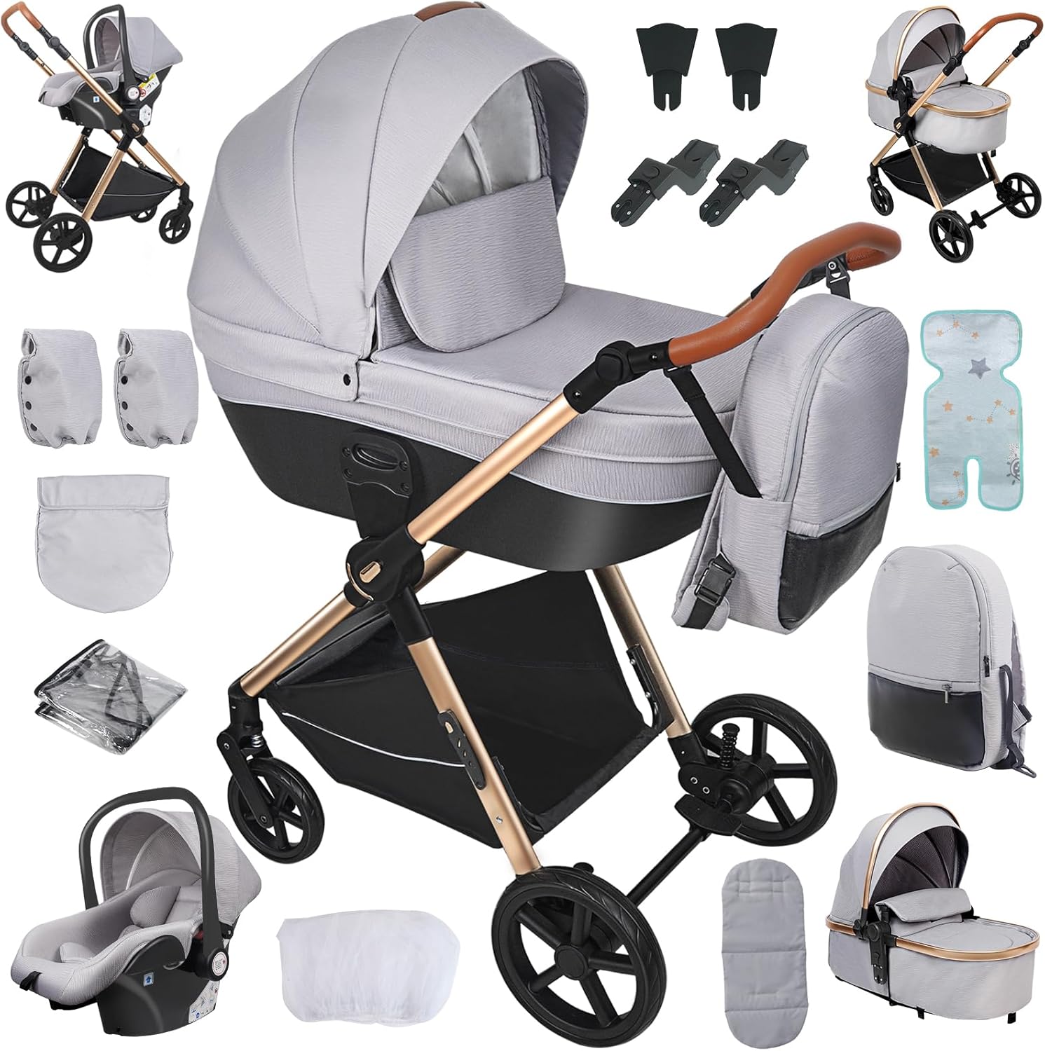 NADDLILY Poussette 3 en 1, Poussette Bebe avec Conception Portable Pliable en Un Clic, Pousette 3 en 1 avec Poussée Réversible Bidirectionnelle, Poussette Canne avec Accessoires (V9 Black)