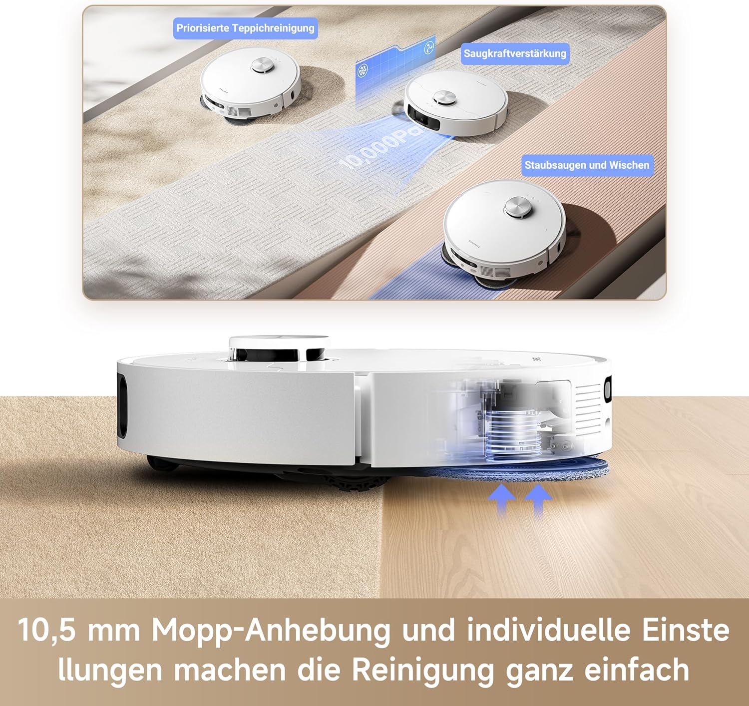dreame L10s Pro Ultra Heat Roboter Staubsauger mit Automatische Moppreinigung mit heiem Wasser, Moppverlngerung, 7.000 Pa Saugkraft, Doppelte Mopp- und Bodenreinigung, Teppicherkennung