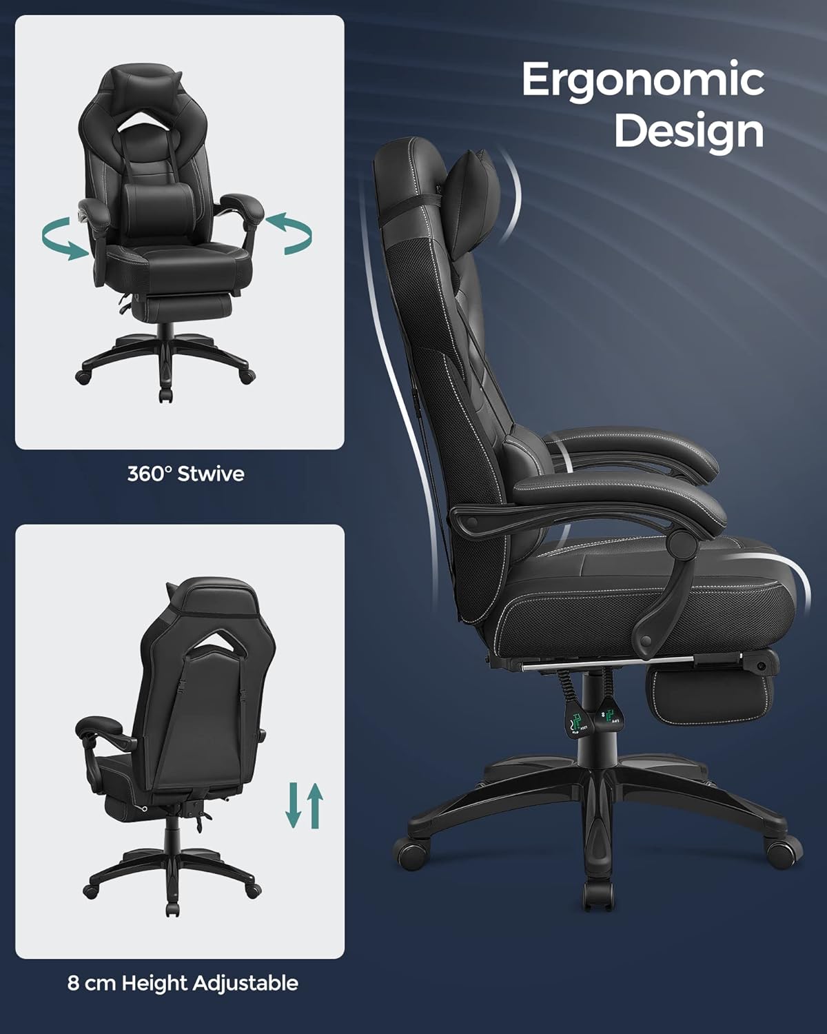 SONGMICS Fauteuil Gamer Ergonomique, Chaise Gaming, Fauteuil de Bureau, avec Repose-Pieds télescopique, Appui-tête réglable, Support Lombaire, capacité de Charge 150 kg, Gris et Noir OBG77BG