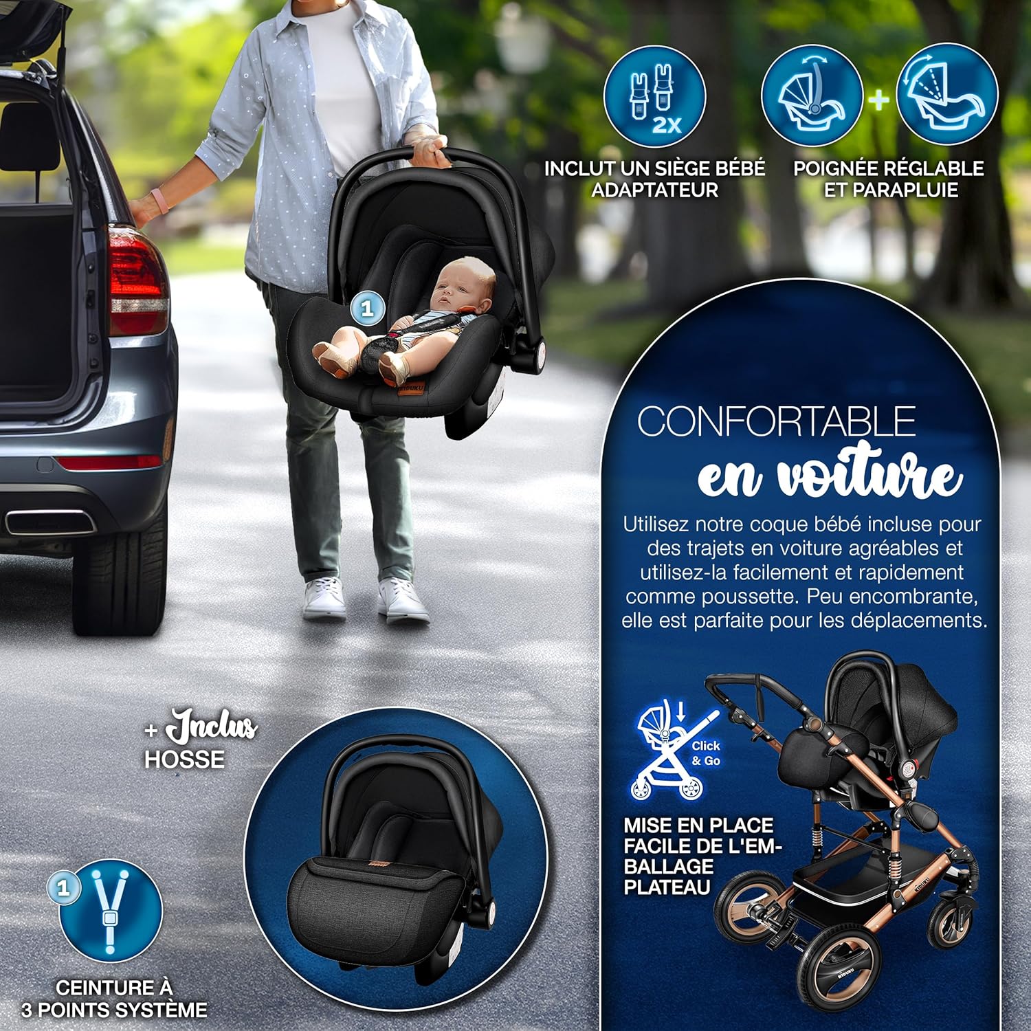 KIDUKU® Poussette Combinée 3 en 1 | Trio pour Enfants | Siége Auto Légère, Piable | Nacelle Souple Convertible | Set de Voyage (Noir/Champagne)