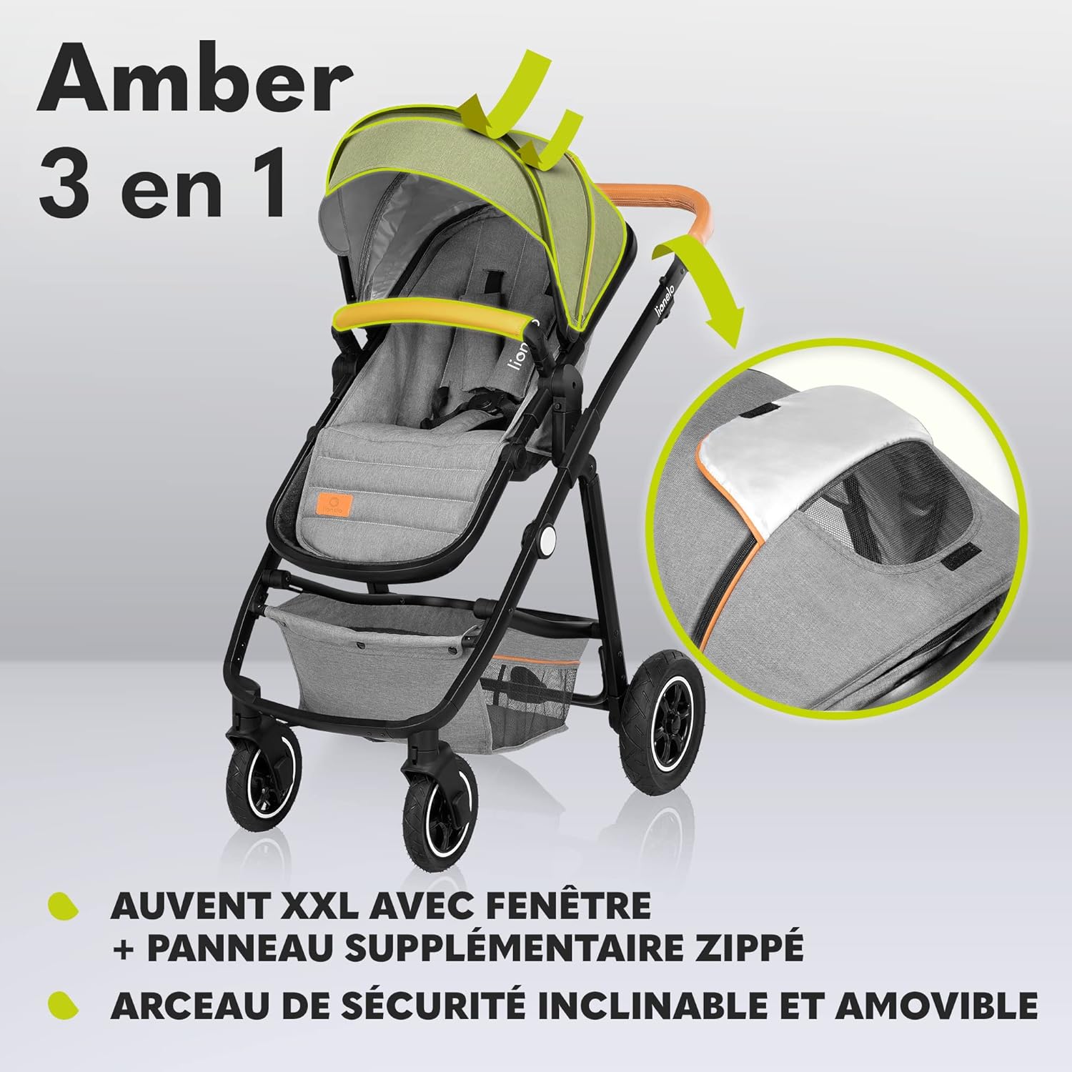 LIONELO Amber 3 in 1 poussette multifonctionnellle, landau, ensemble poussette avec siège sport et nacelle fixe, sac, moustiquaire, couvrir, feuille de pluie mit siege auto