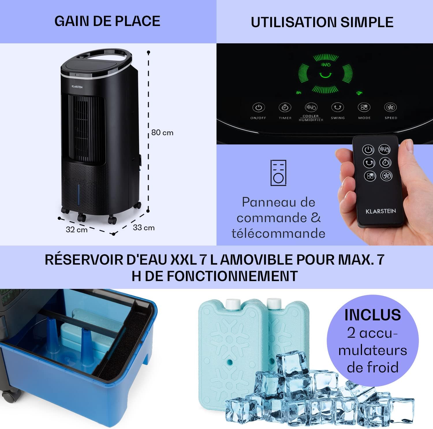 Klarstein Rafraichisseur d'Air 4 en 1, Climatiseur Portable Smart APP Mobile, Humidificateur, Ventilateur, Sans Évacuation 65W, Pack Glacons, Mode Nuit, Puissant Débit d'Air 330m³/h