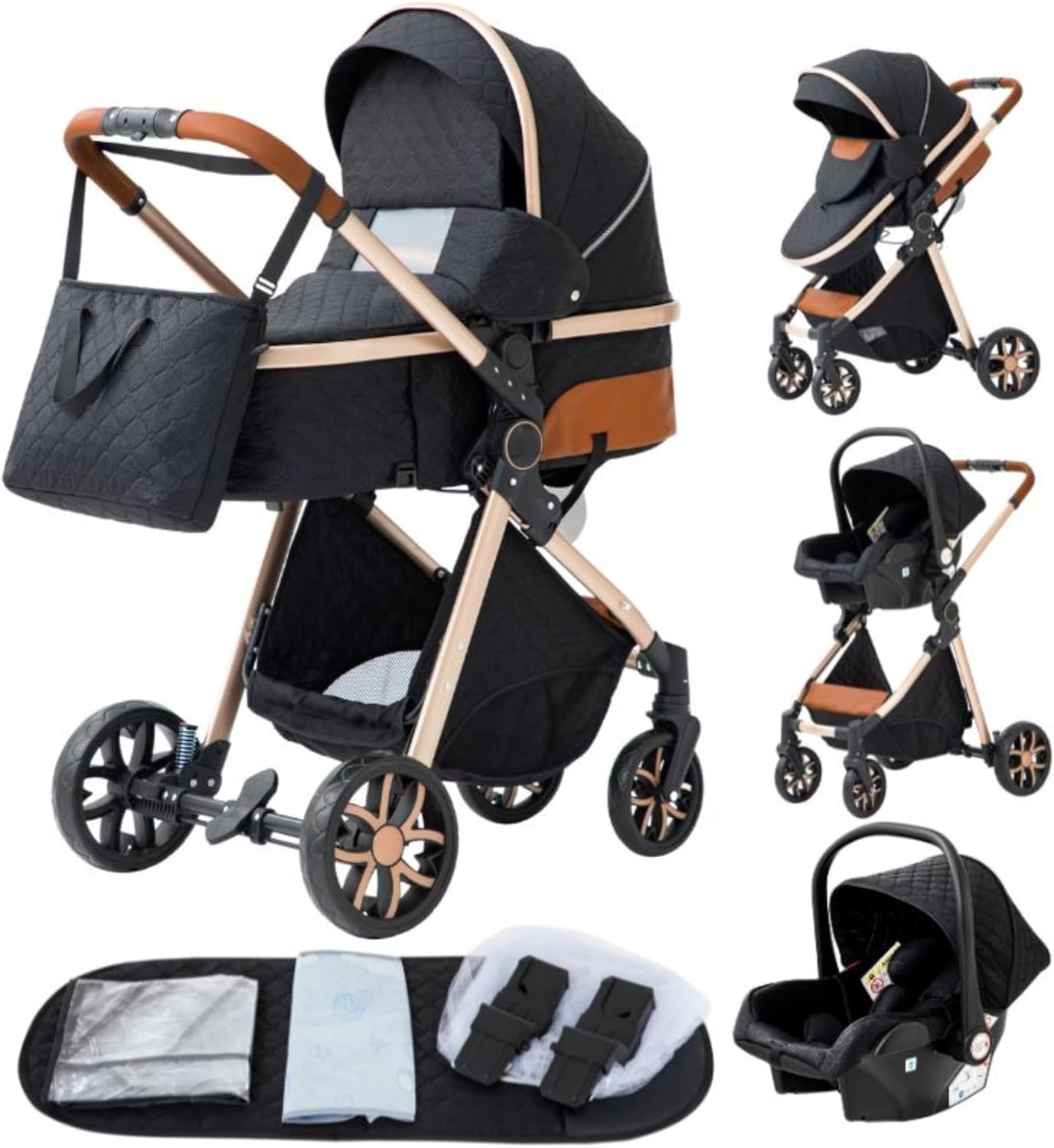 YAZOCO Poussettes 3 en 1 Citadines Poussettes Combinées Poussette Tricycle Baby Walker Poussette Haute Paysage Poussettes Pliantes Trolley Bébé Landau pour 0-36 (1 Noir)