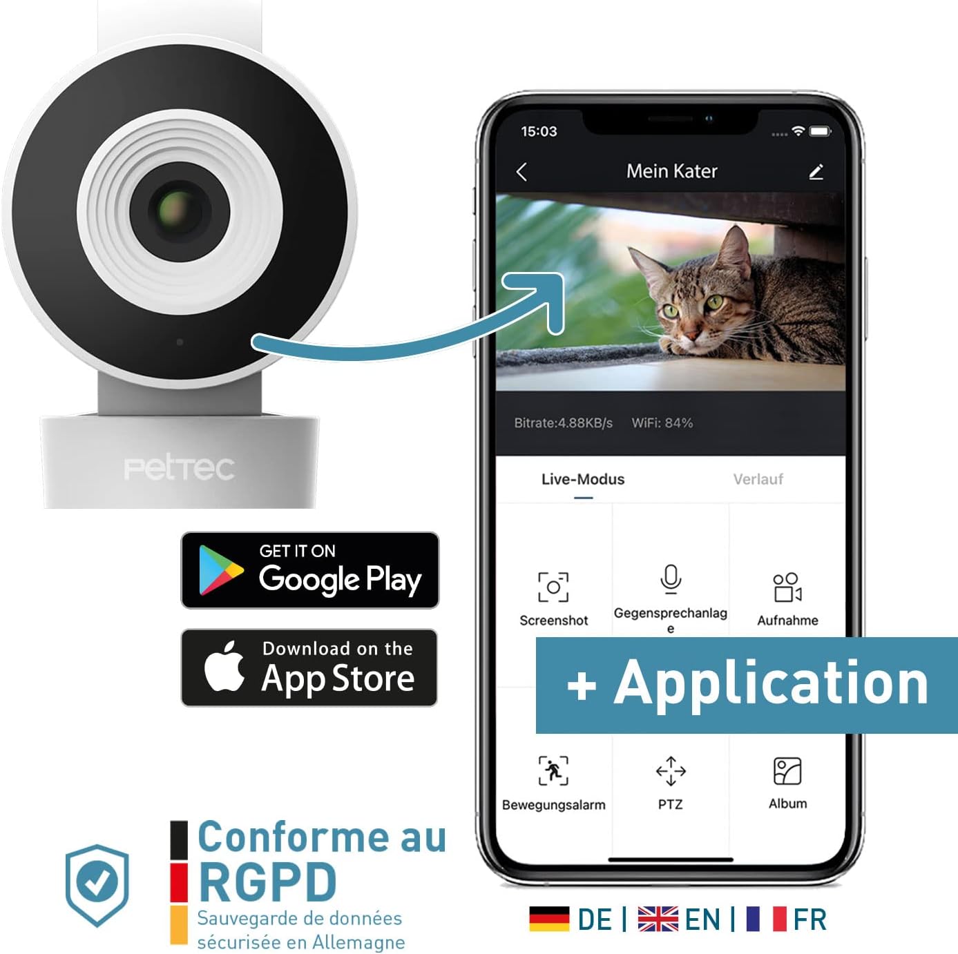 PetTec Cam Free Lot de 2 caméras sans fil pour animaux de compagnie avec application [sans piège à abonnement] – Caméra pour chats et chiens intérieur/extérieur – Détection de mouvement et fonction