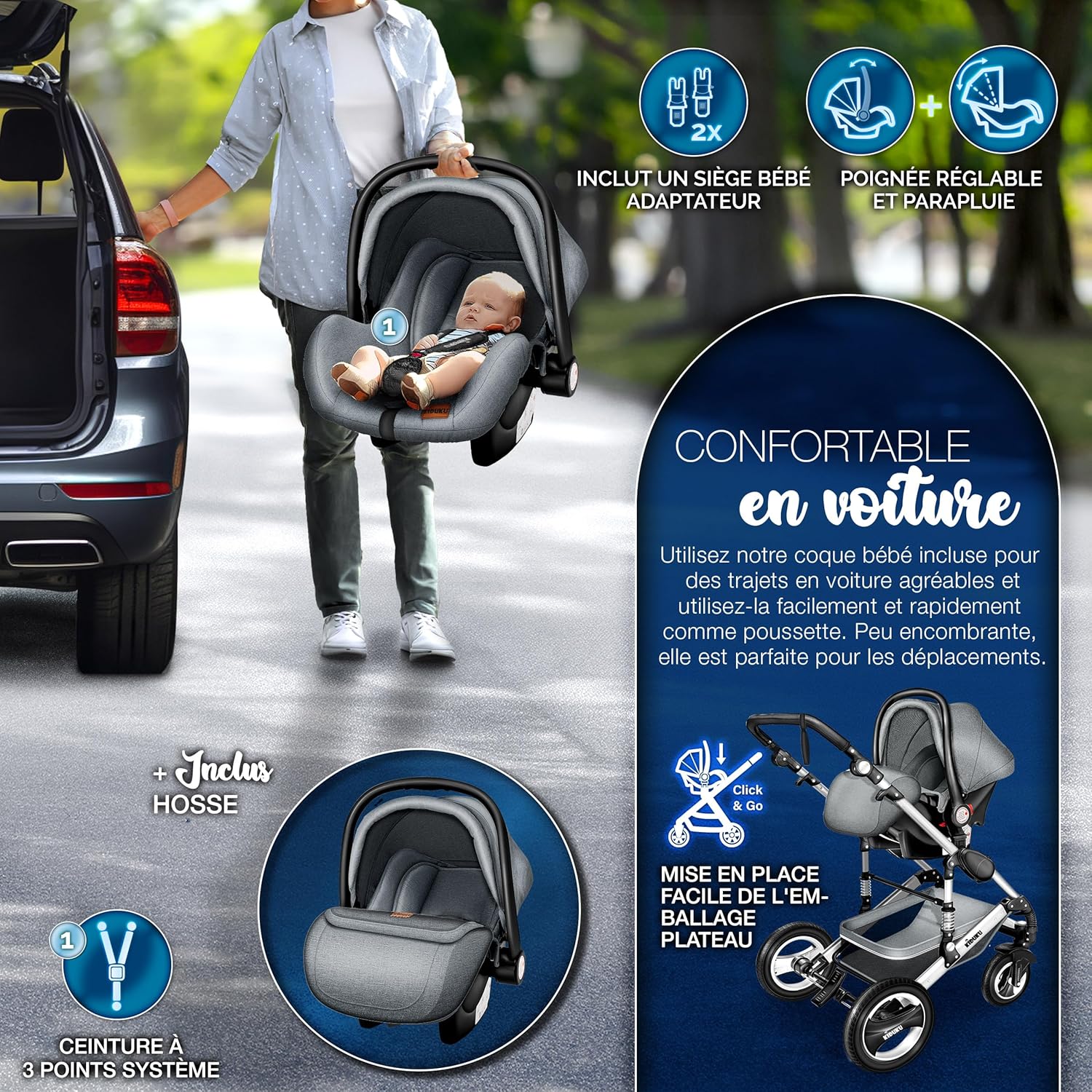 KIDUKU® Poussette Combinée 3 en 1 | Trio pour Enfants | Siége Auto Légère, Piable | Nacelle Souple Convertible | Set de Voyage (Noir/Champagne)