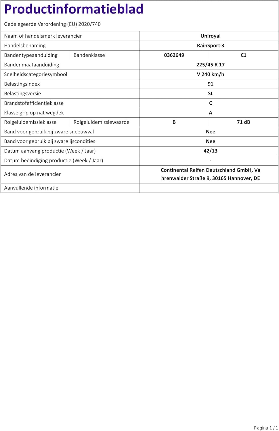 Uniroyal RainSport 3 FR - 225/45R17 91V - Pneu té