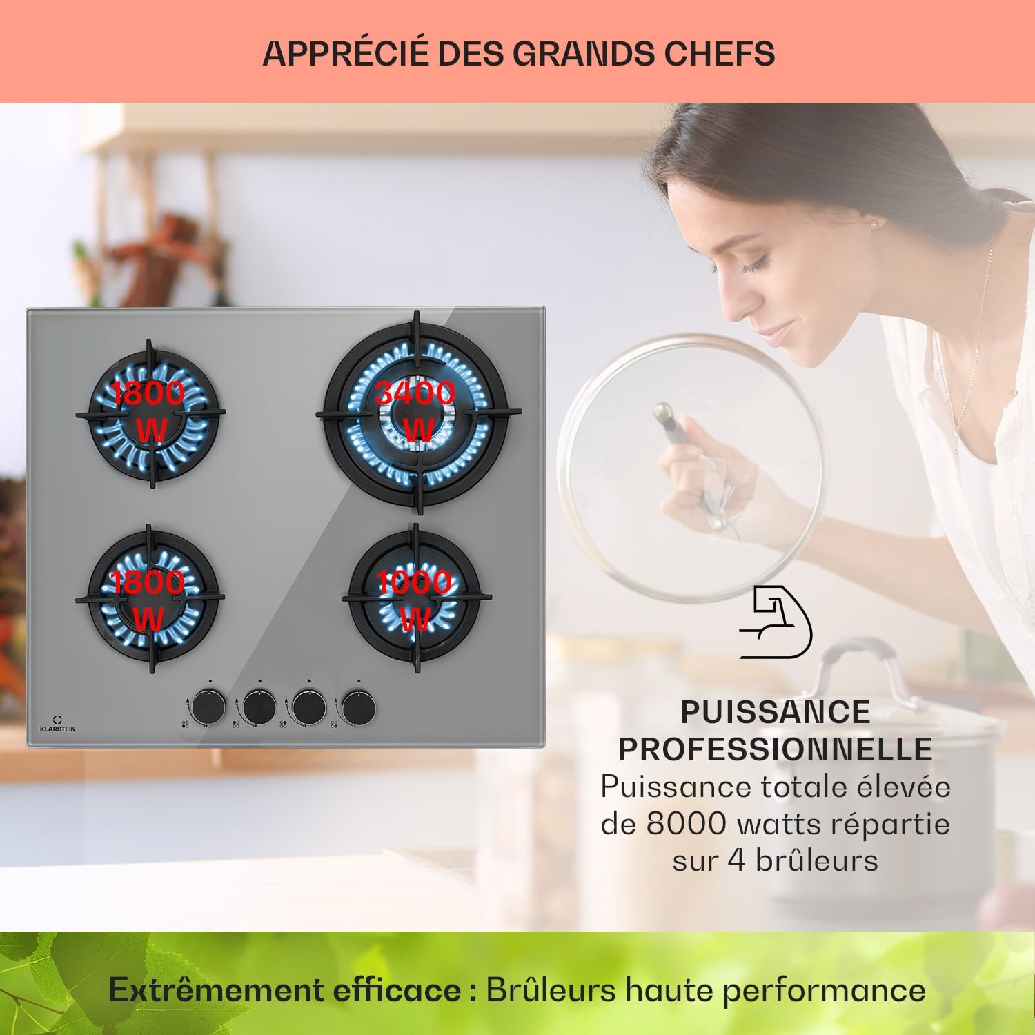 Klarstein Table de Cuisson à Gaz, Plaque de Cuisson Gaz à 4 Brûleurs, Table de Cuisson Electrique à 4 Feux de 8000W, Cuisiniere Gaz, Gaziniere Gaz avec Brûleurs en Acier Inoxydable, Cuisinières GPL