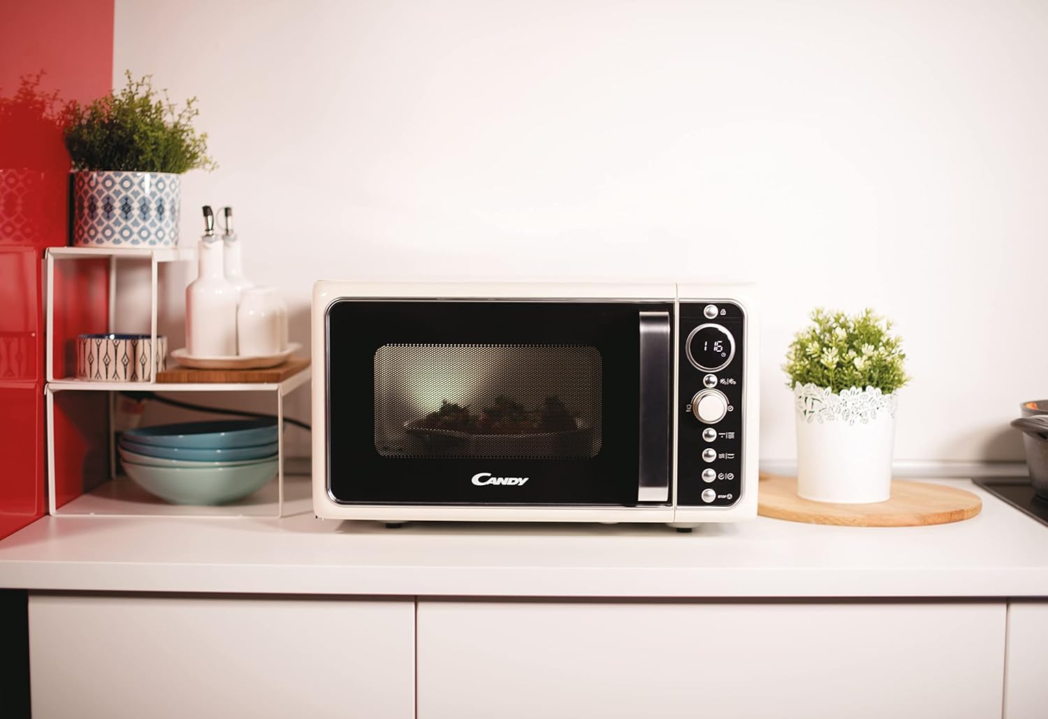 Candy DIVOG25CC Micro-ondes Gril quartz, Puissant 900 W + Gril 1000W, 25L, Programmateur digital, 6 Niveaux de puissance, Décongelation poids/temps, Fonction silence,Design Retro, Couleur Crème