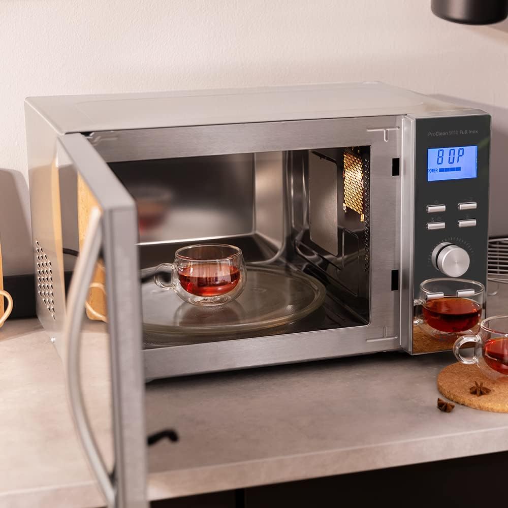 Cecotec Four à micro-ondes ProClean 9110 FullINOX avec grill 1000 W, 30 litres, 5 niveaux de puissance, 8 programmes, minuterie de 60 minutes, revêtement Ready2Clean, design avant miroir